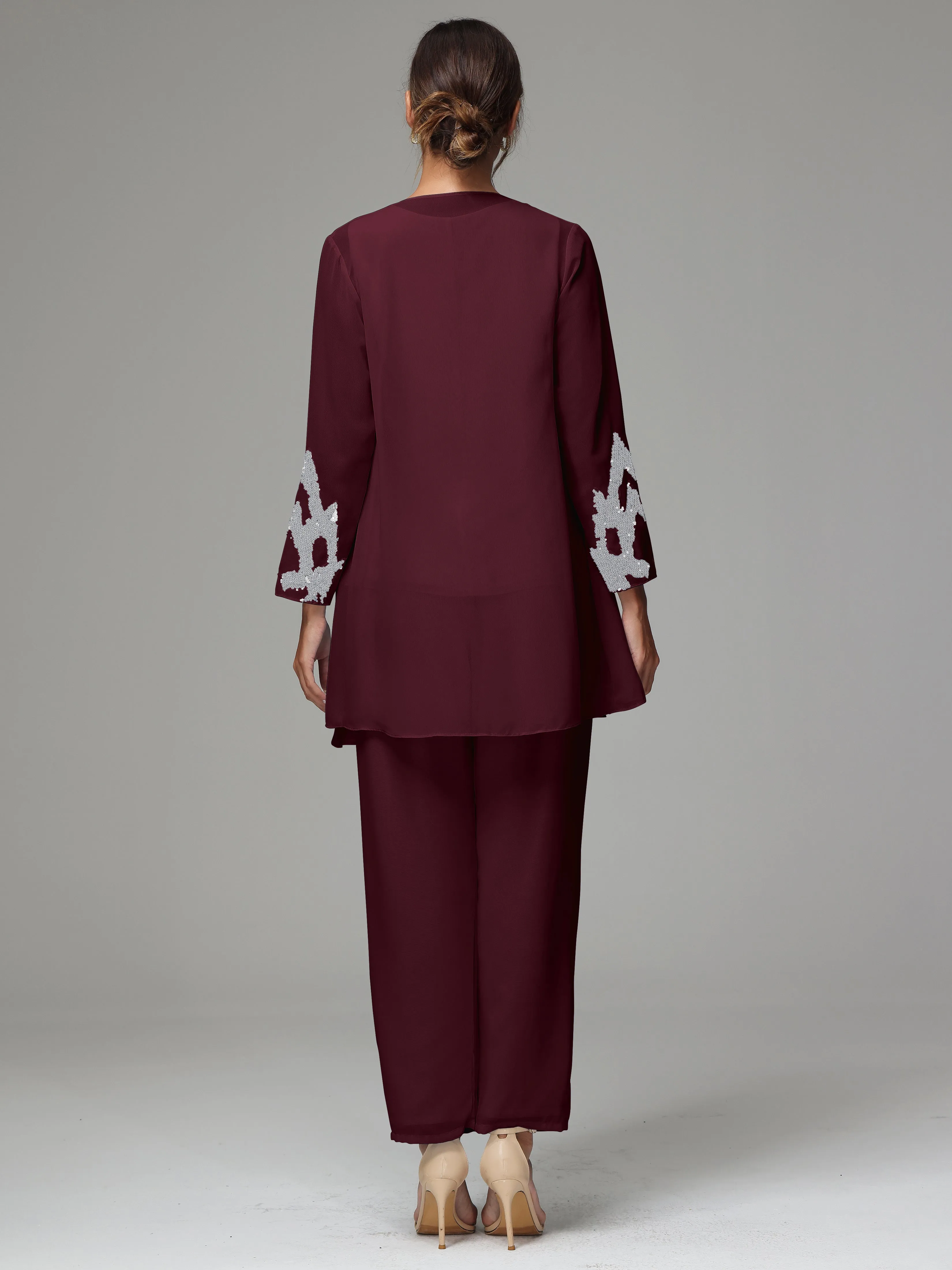 3 Pieces Long Sleeve Sequin Flutter Chiffon Mother of  Groom Dress Pant Suits