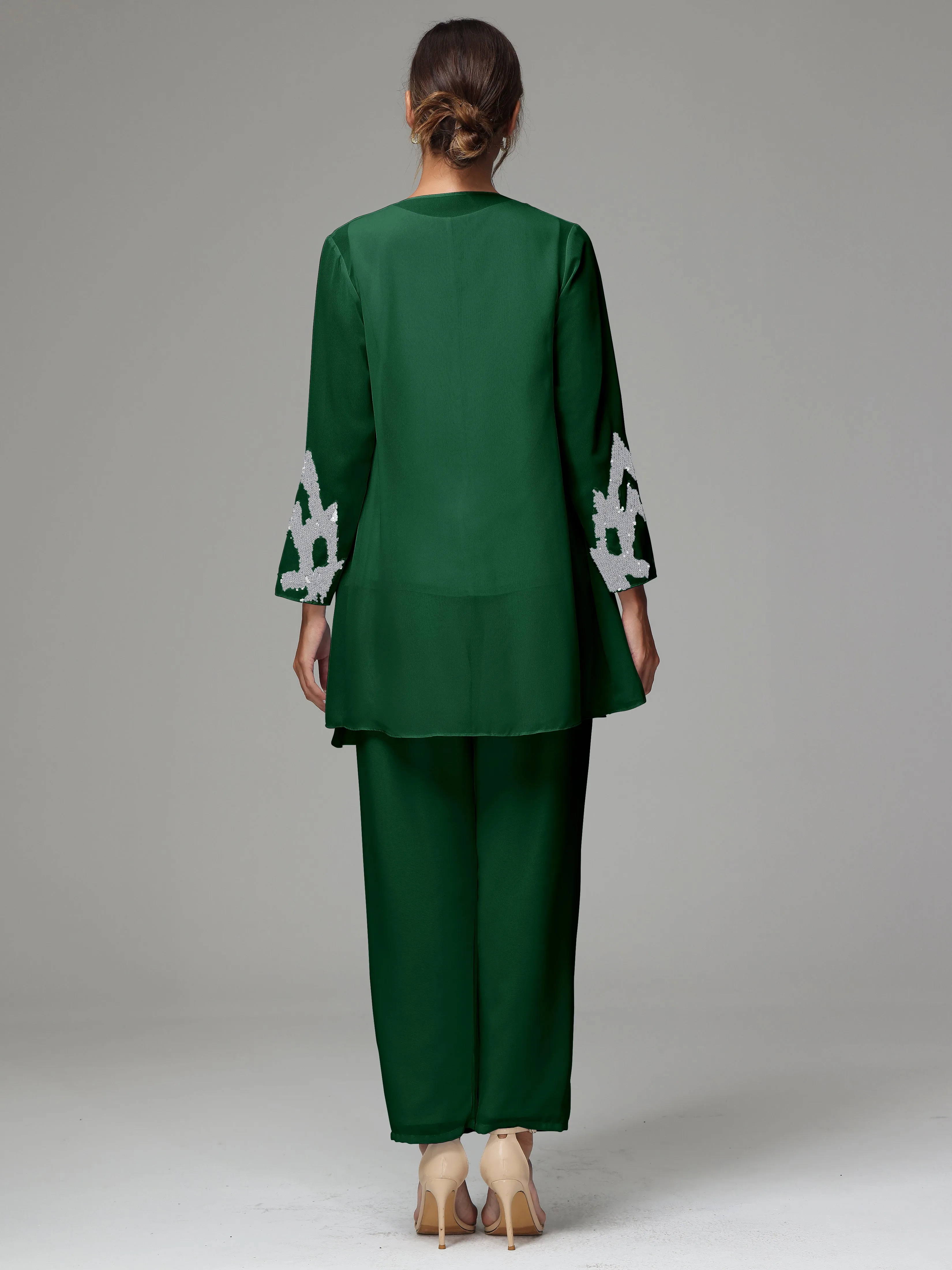 3 Pieces Long Sleeve Sequin Flutter Chiffon Mother of  Groom Dress Pant Suits