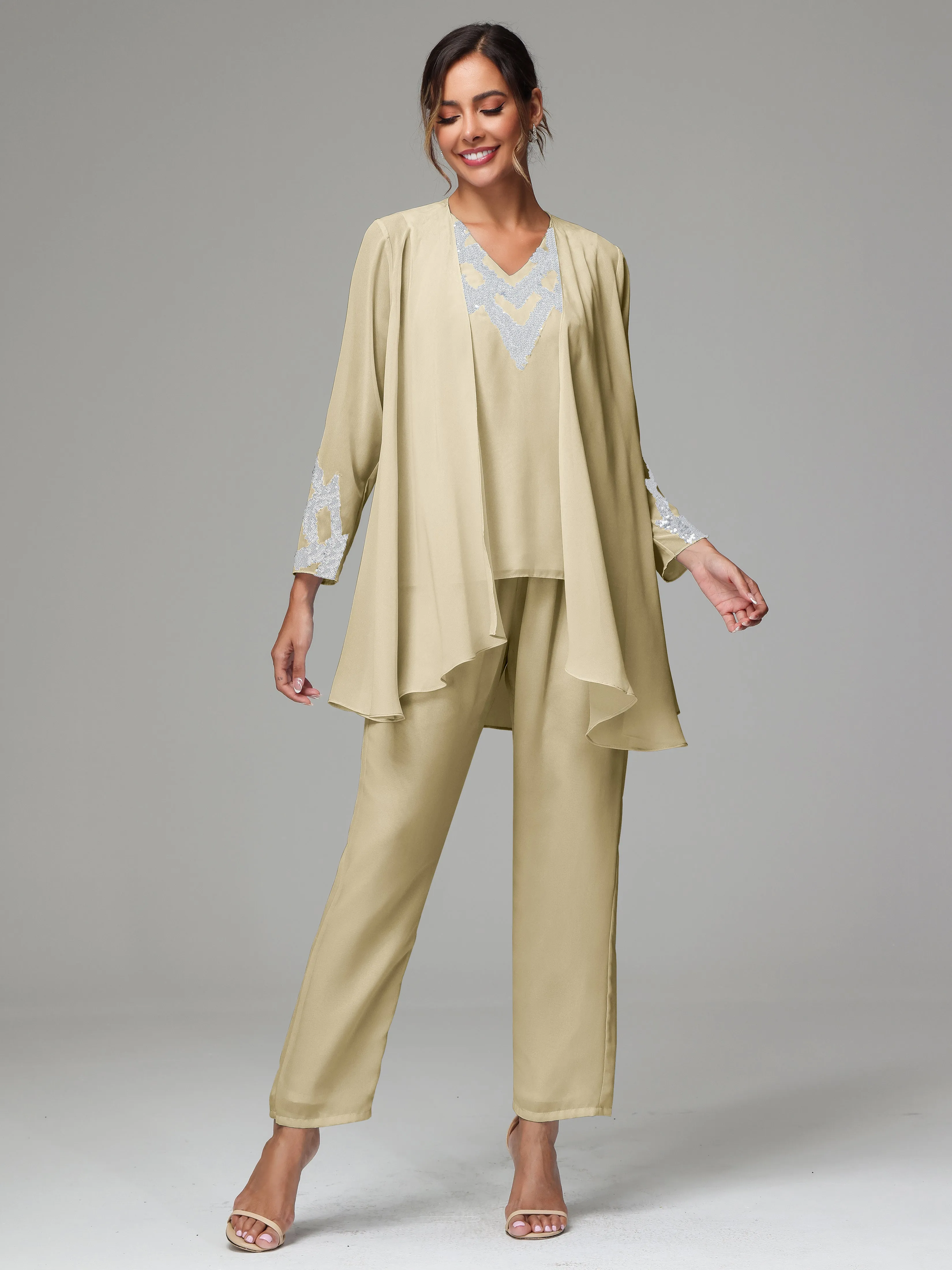 3 Pieces Long Sleeve Sequin Flutter Chiffon Mother of  Groom Dress Pant Suits