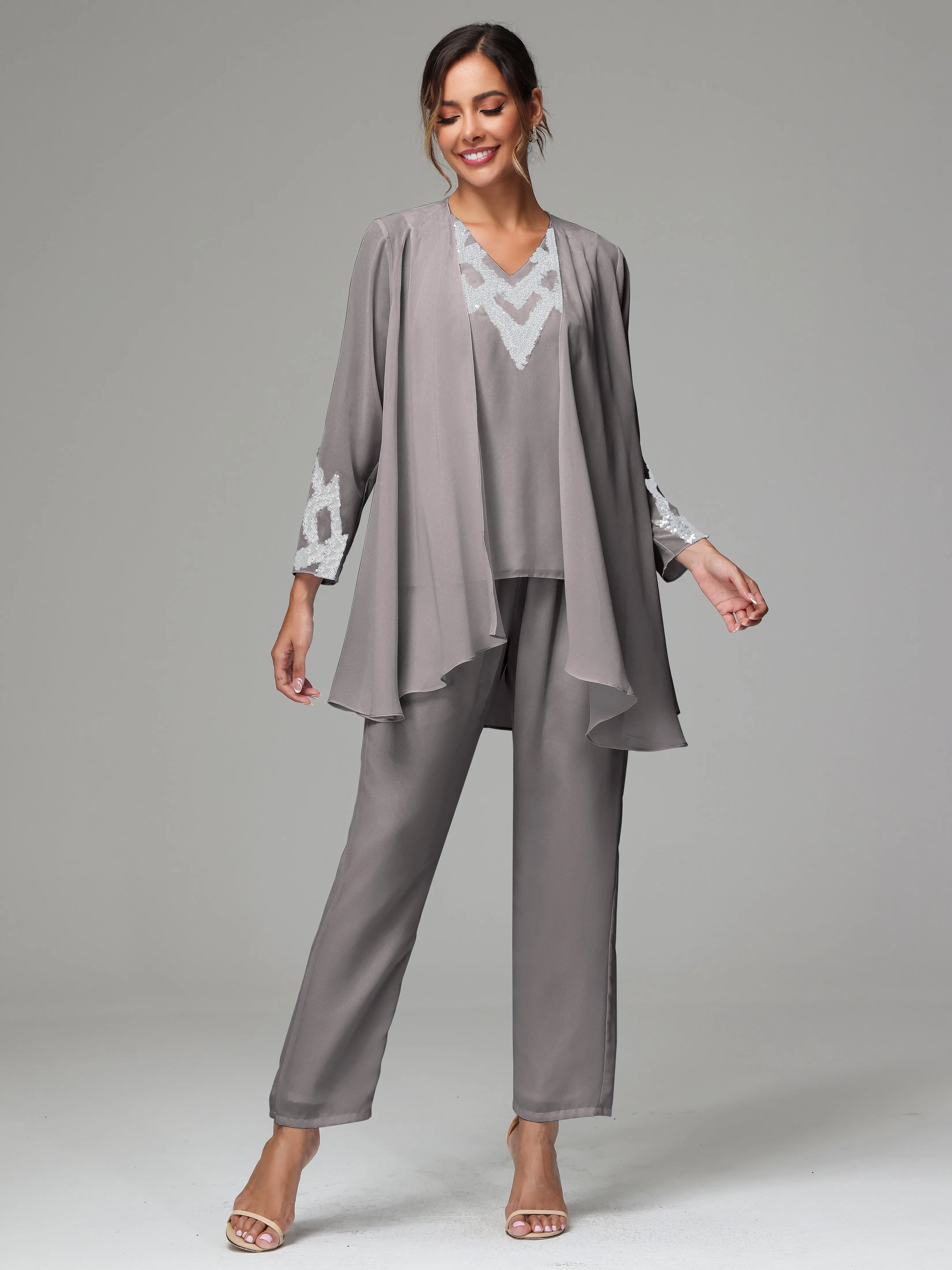 3 Pieces Long Sleeve Sequin Flutter Chiffon Mother of  Groom Dress Pant Suits