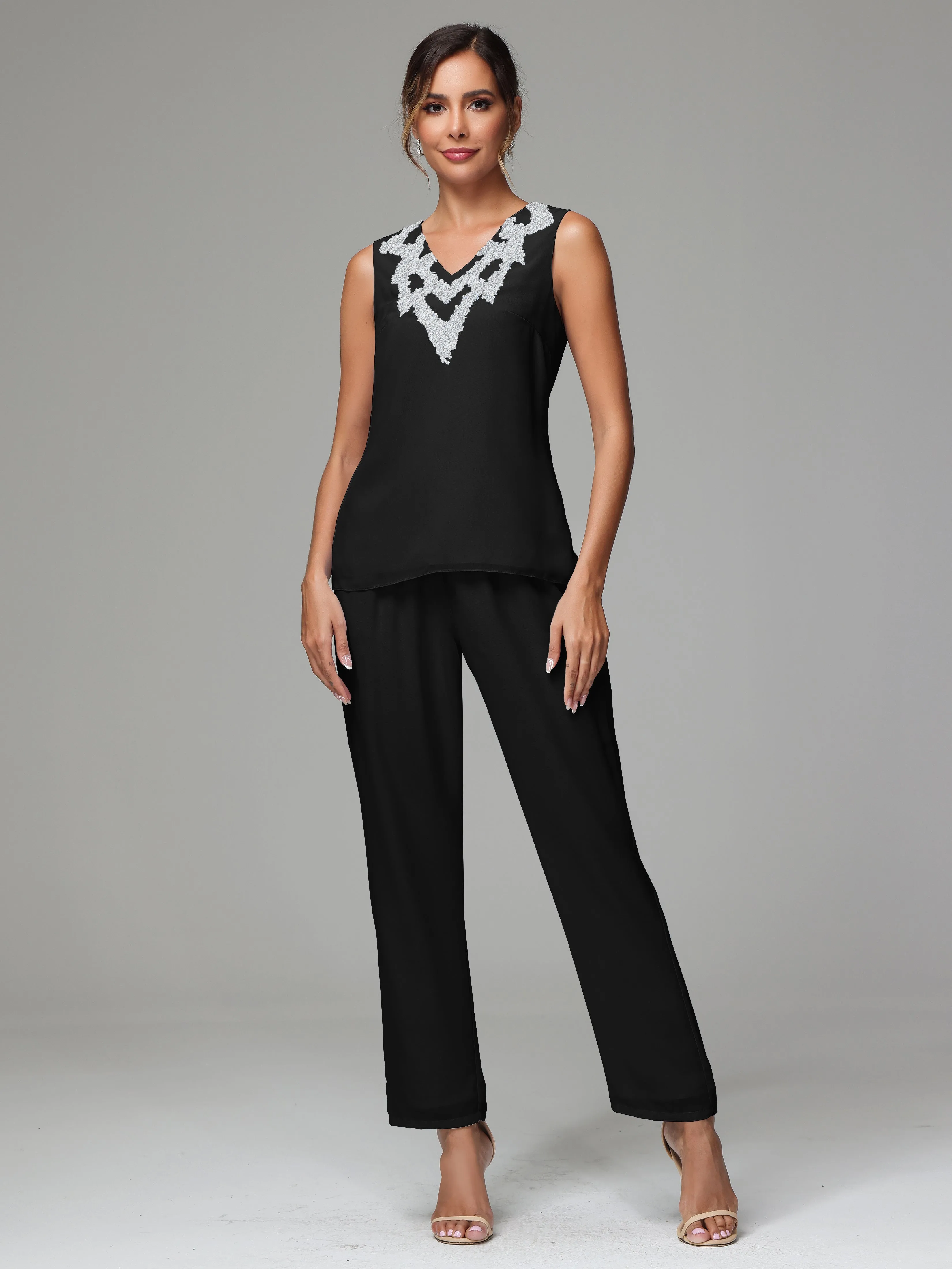 3 Pieces Long Sleeve Sequin Flutter Chiffon Mother of  Groom Dress Pant Suits