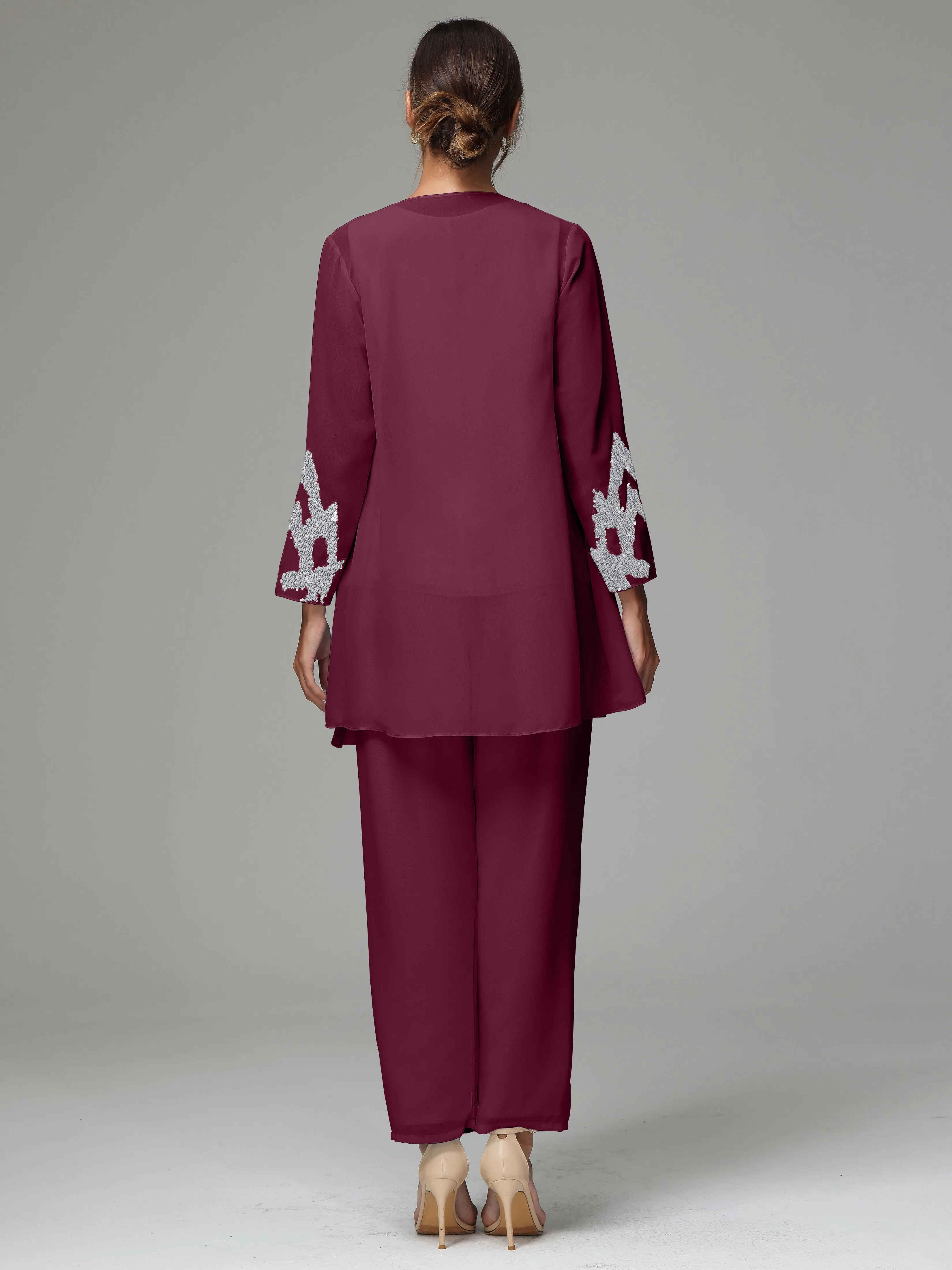 3 Pieces Long Sleeve Sequin Flutter Chiffon Mother of  Groom Dress Pant Suits