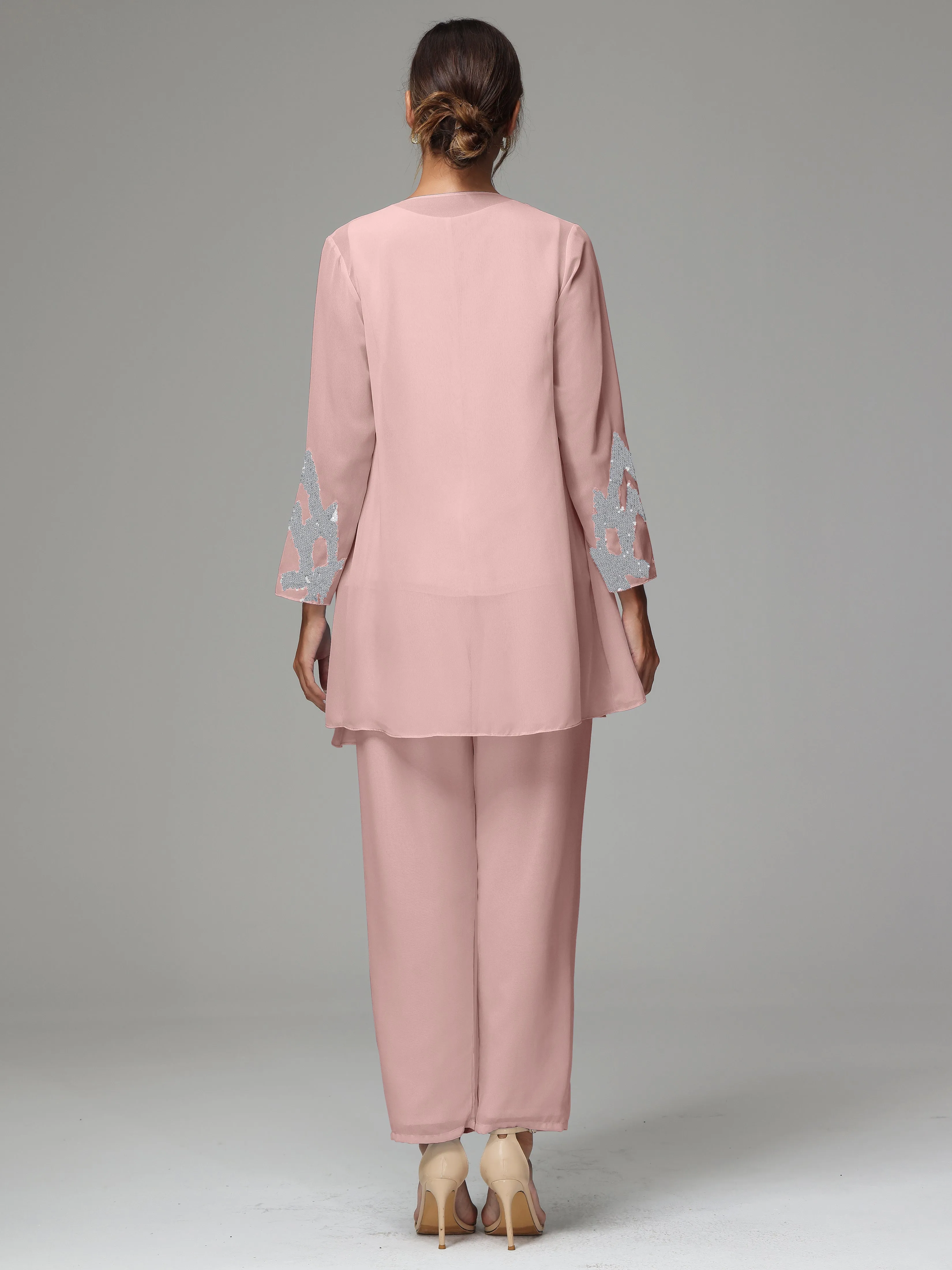 3 Pieces Long Sleeve Sequin Flutter Chiffon Mother of  Groom Dress Pant Suits
