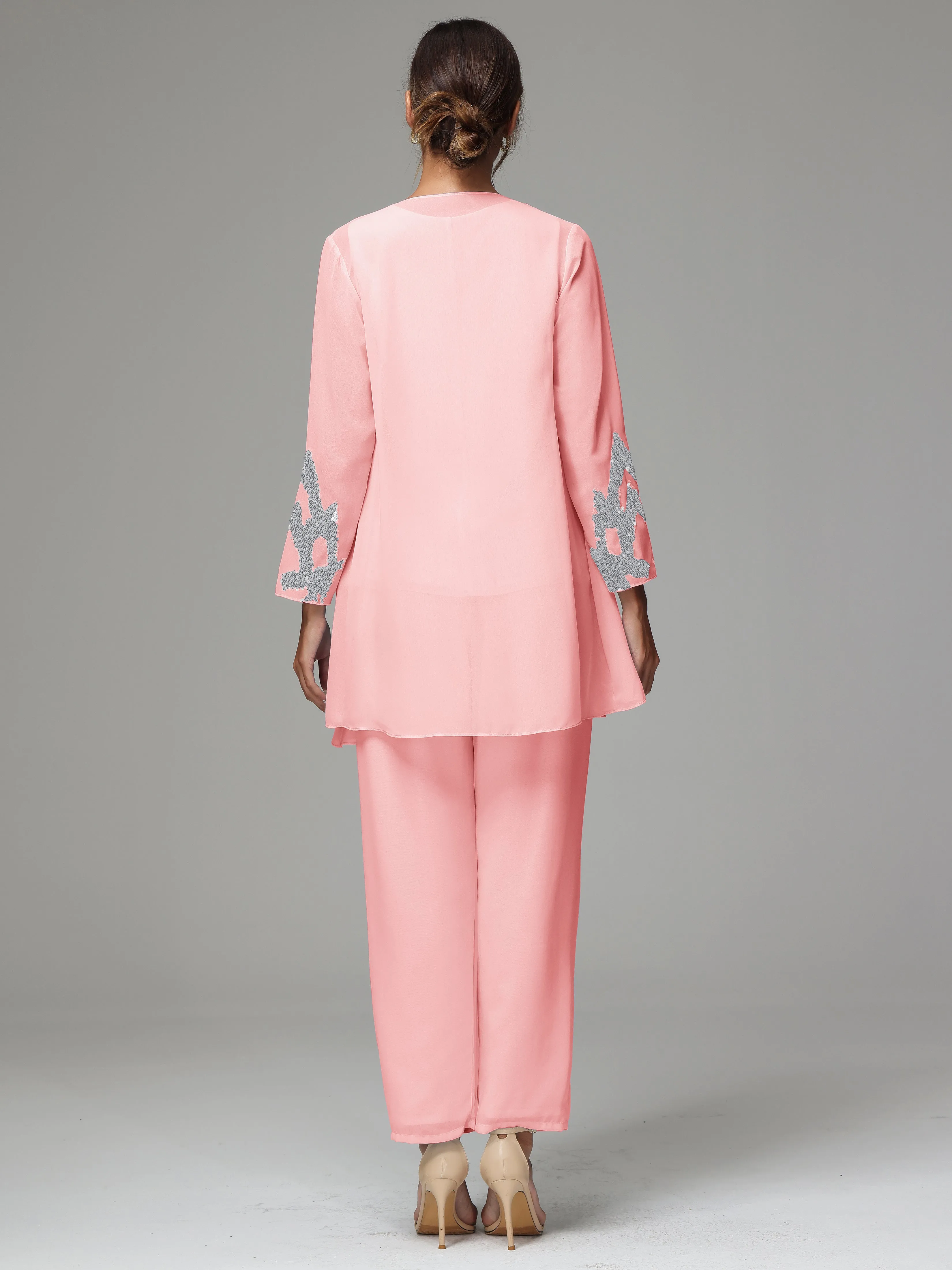 3 Pieces Long Sleeve Sequin Flutter Chiffon Mother of  Groom Dress Pant Suits