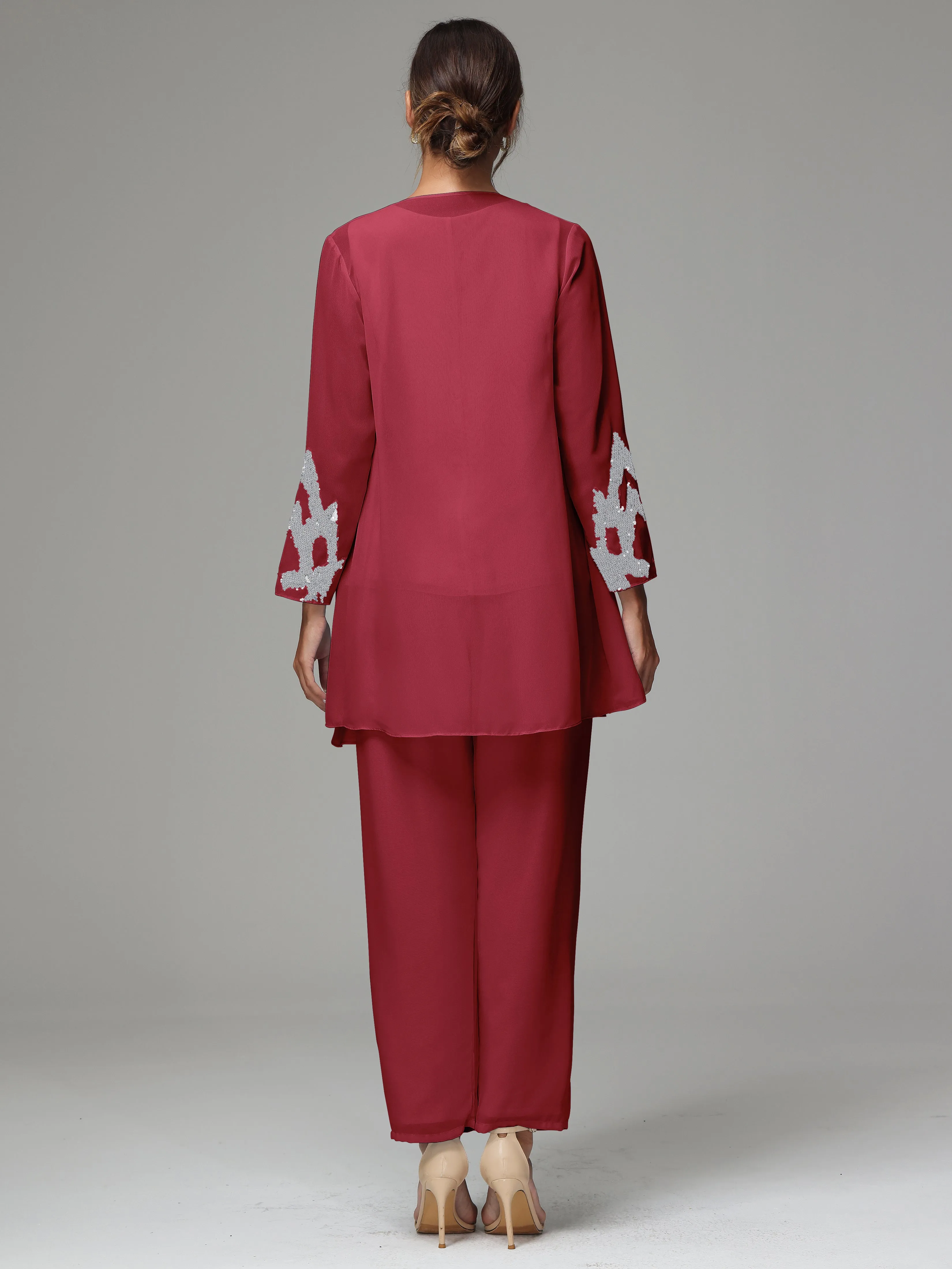 3 Pieces Long Sleeve Sequin Flutter Chiffon Mother of  Groom Dress Pant Suits