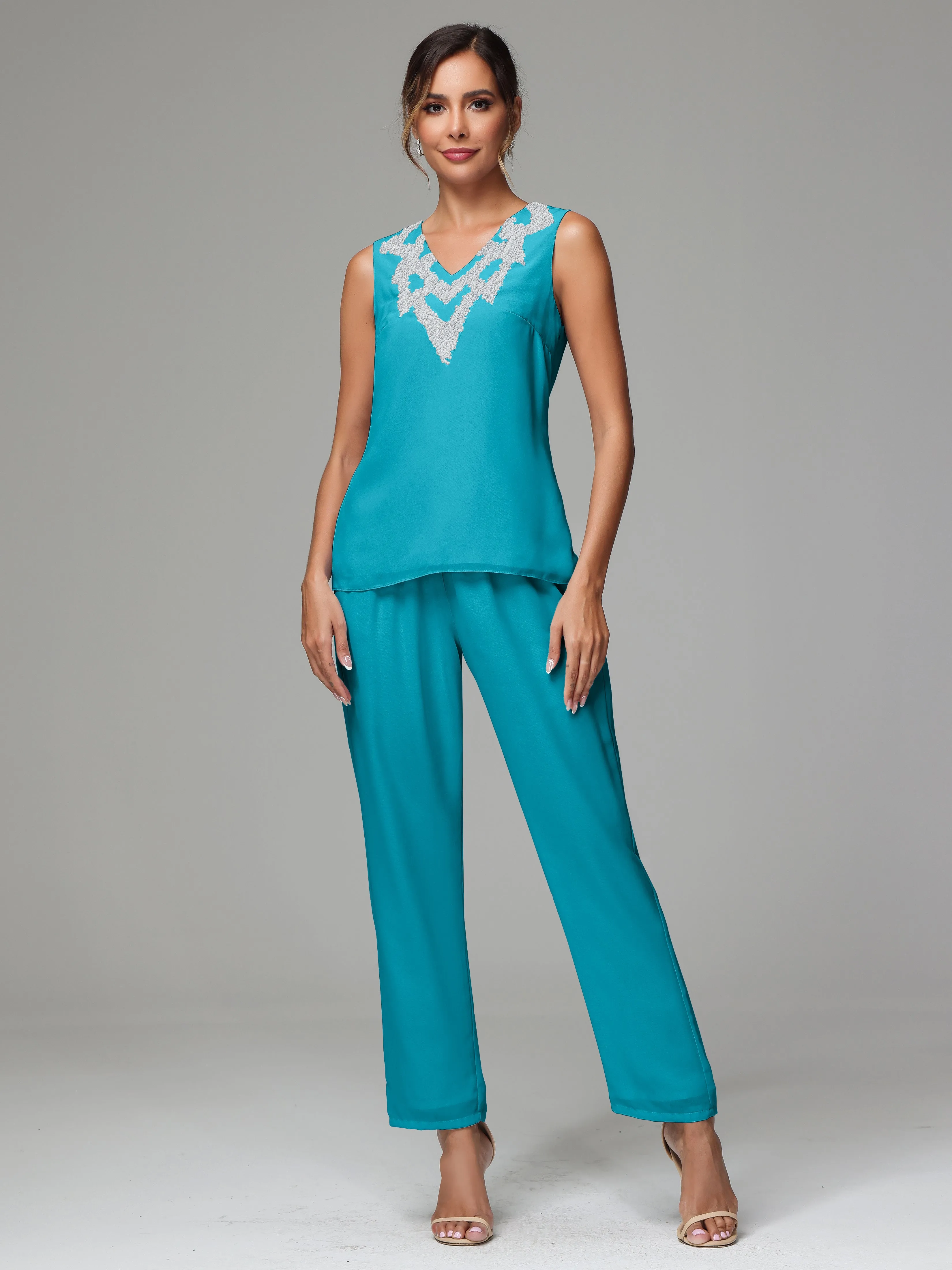 3 Pieces Long Sleeve Sequin Flutter Chiffon Mother of  Groom Dress Pant Suits