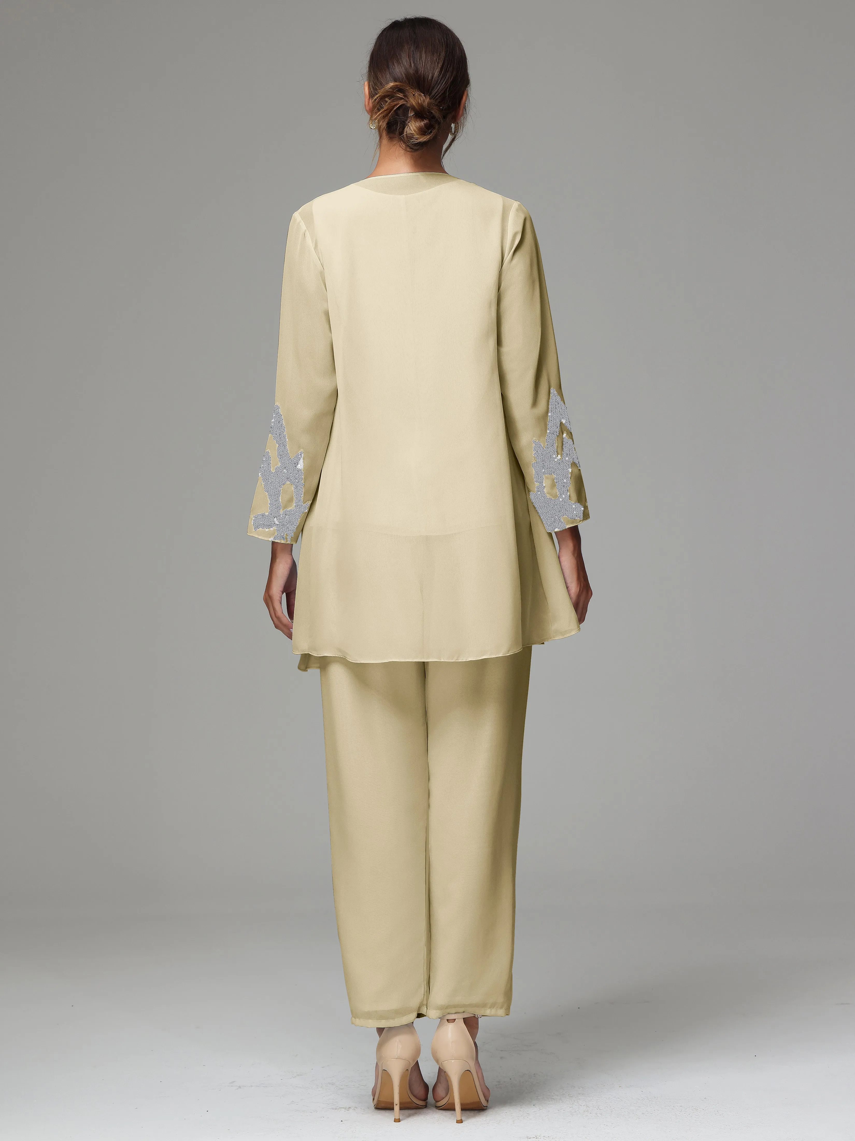3 Pieces Long Sleeve Sequin Flutter Chiffon Mother of  Groom Dress Pant Suits