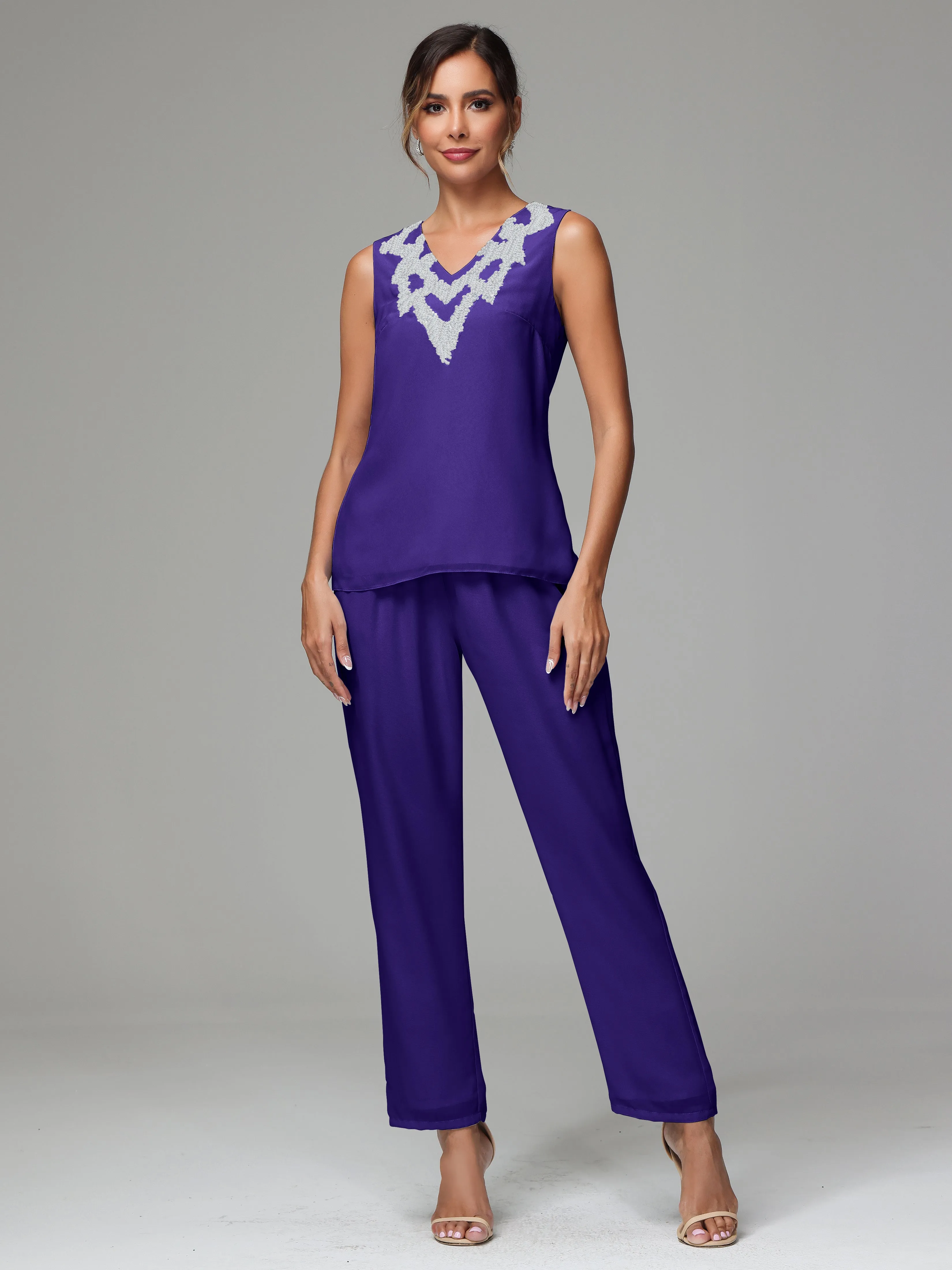 3 Pieces Long Sleeve Sequin Flutter Chiffon Mother of  Groom Dress Pant Suits