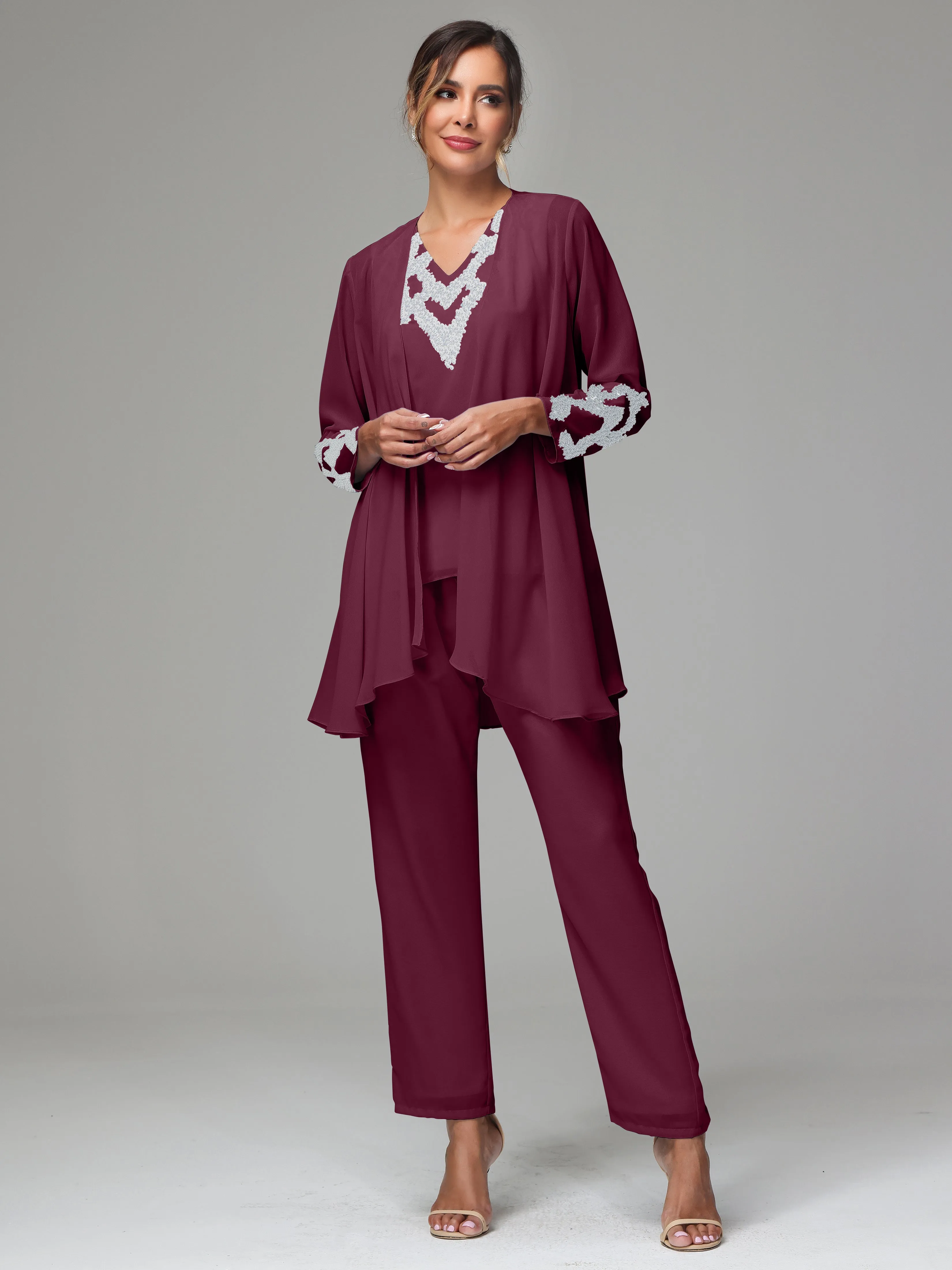 3 Pieces Long Sleeve Sequin Flutter Chiffon Mother of  Groom Dress Pant Suits