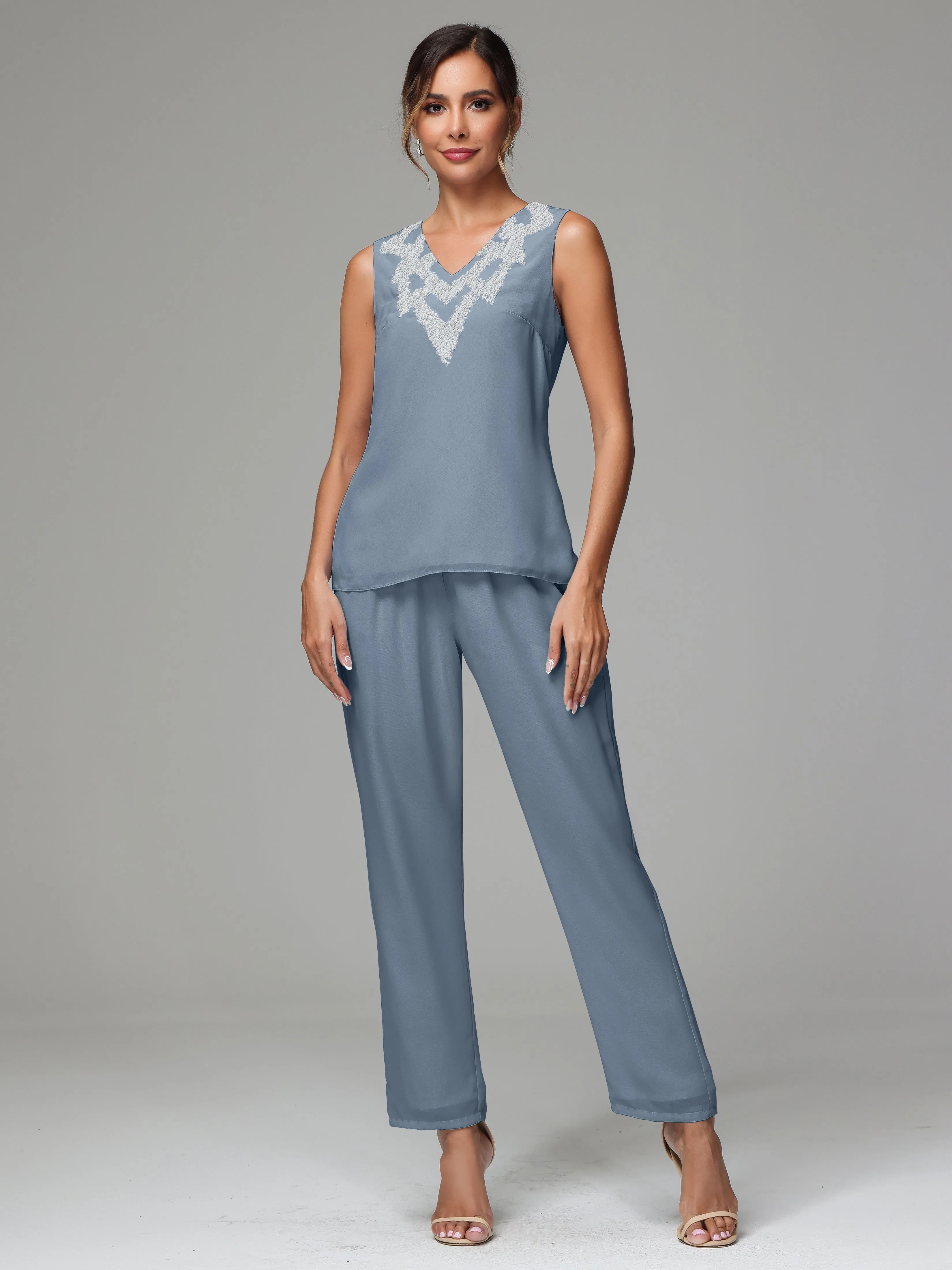 3 Pieces Long Sleeve Sequin Flutter Chiffon Mother of  Groom Dress Pant Suits