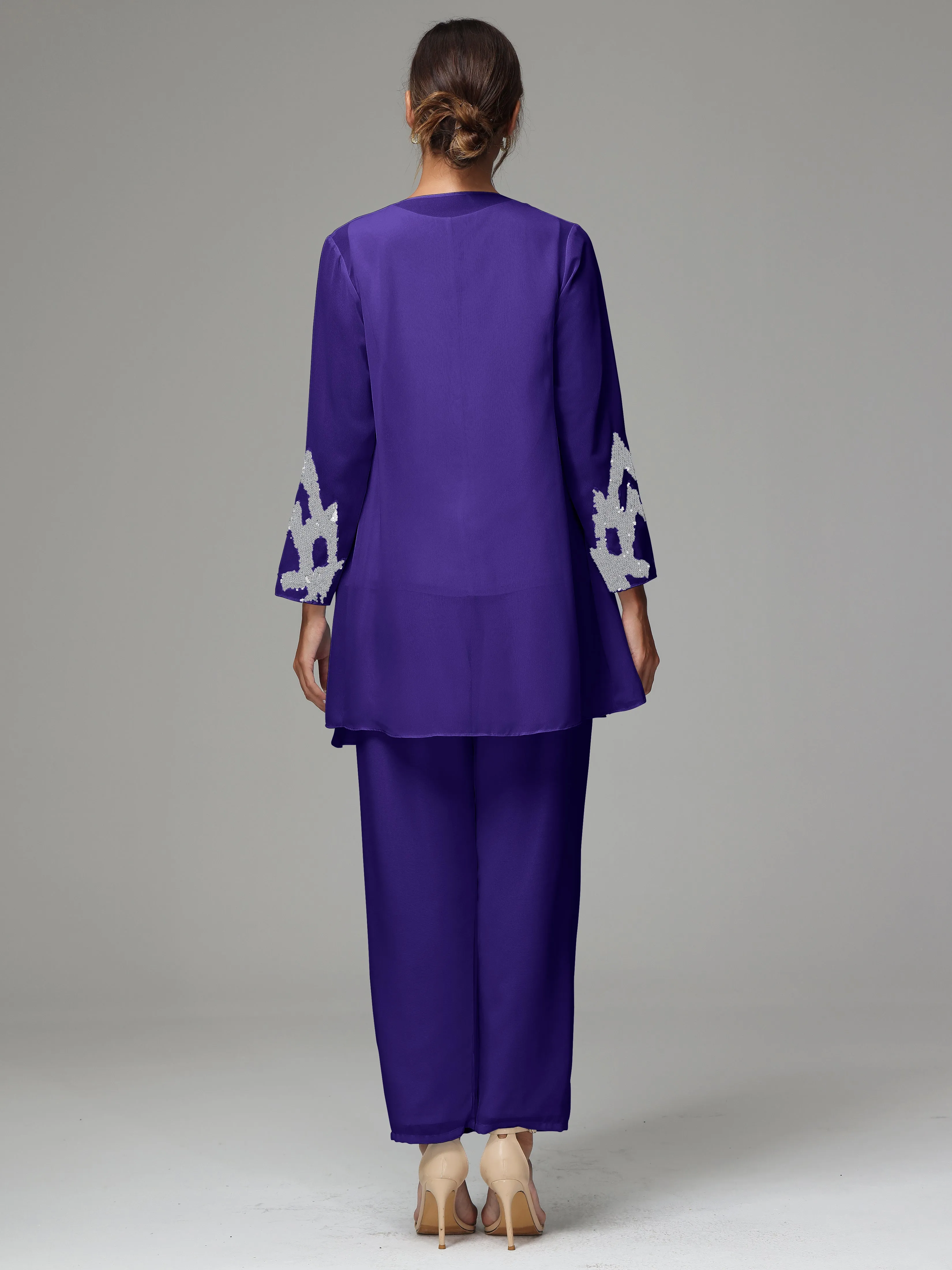 3 Pieces Long Sleeve Sequin Flutter Chiffon Mother of  Groom Dress Pant Suits