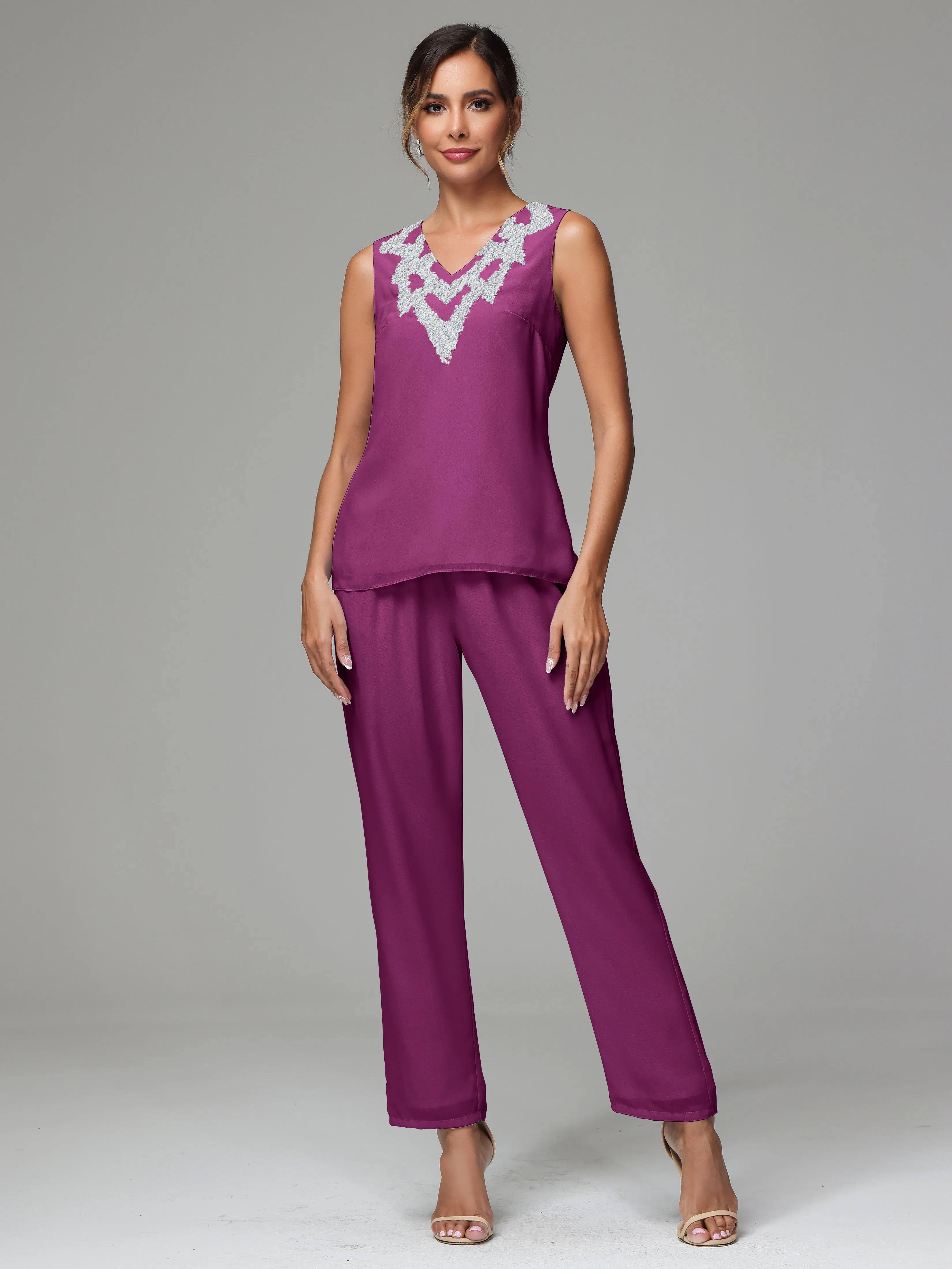 3 Pieces Long Sleeve Sequin Flutter Chiffon Mother of  Groom Dress Pant Suits