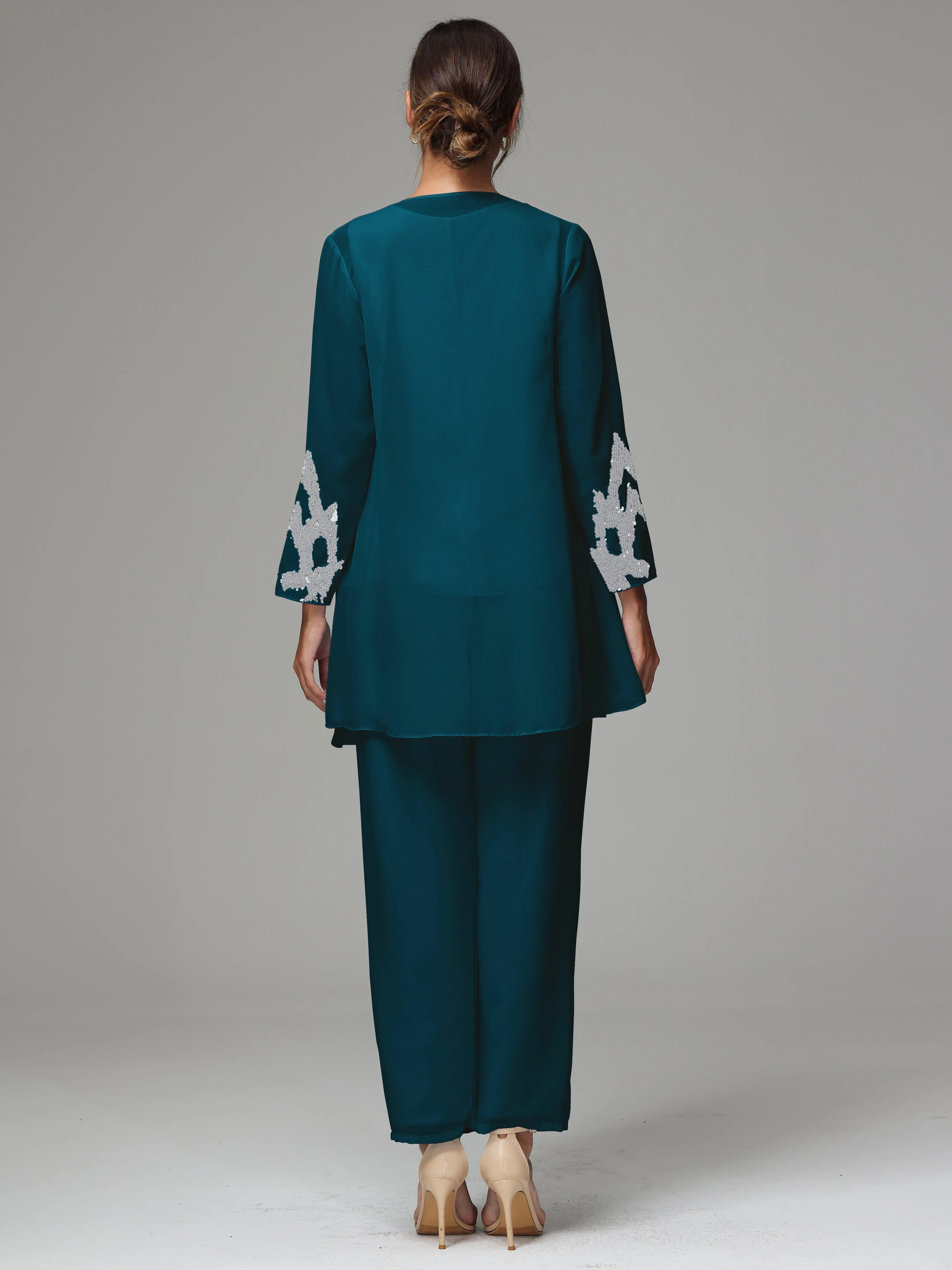 3 Pieces Long Sleeve Sequin Flutter Chiffon Mother of  Groom Dress Pant Suits