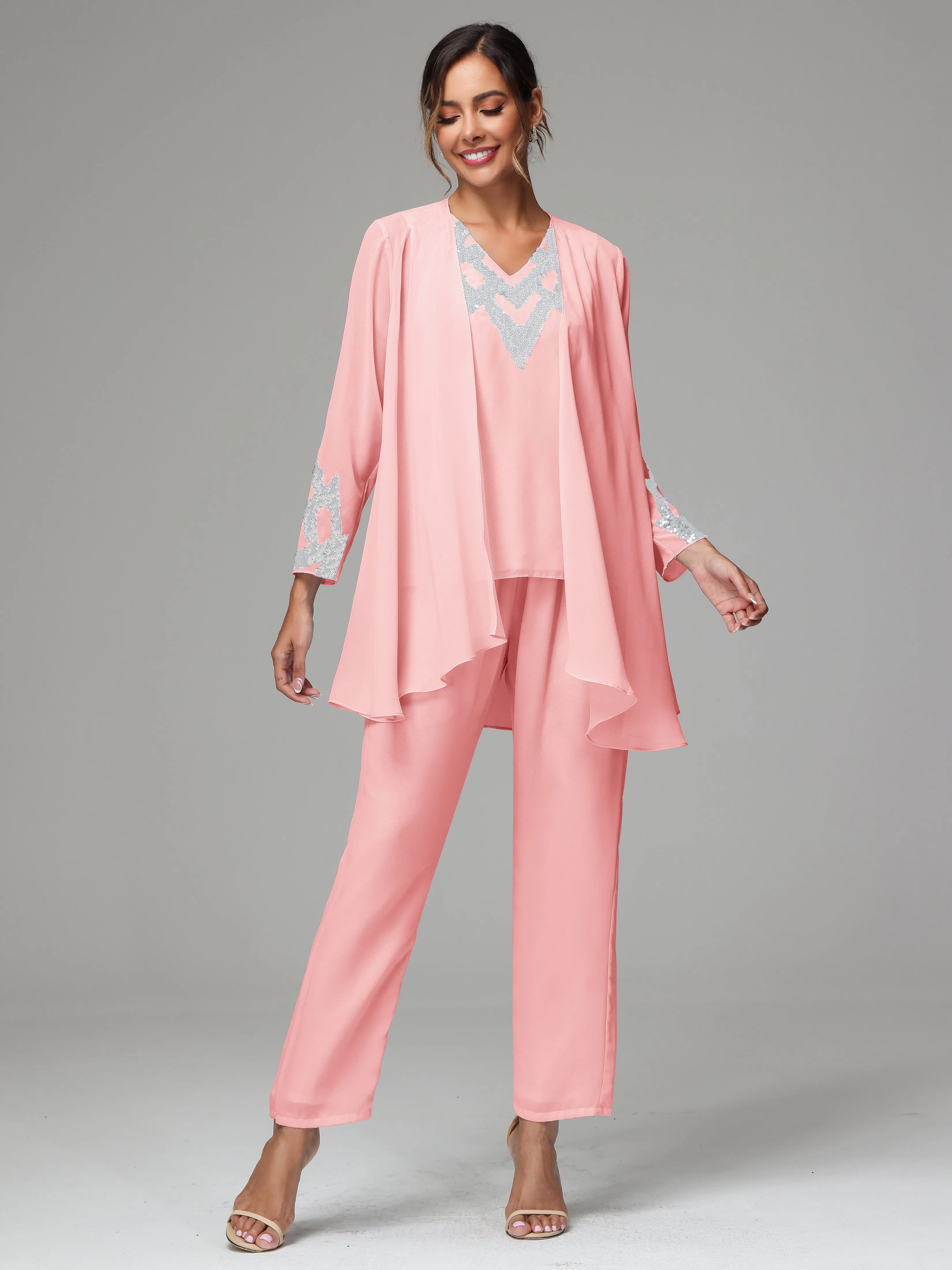 3 Pieces Long Sleeve Sequin Flutter Chiffon Mother of  Groom Dress Pant Suits