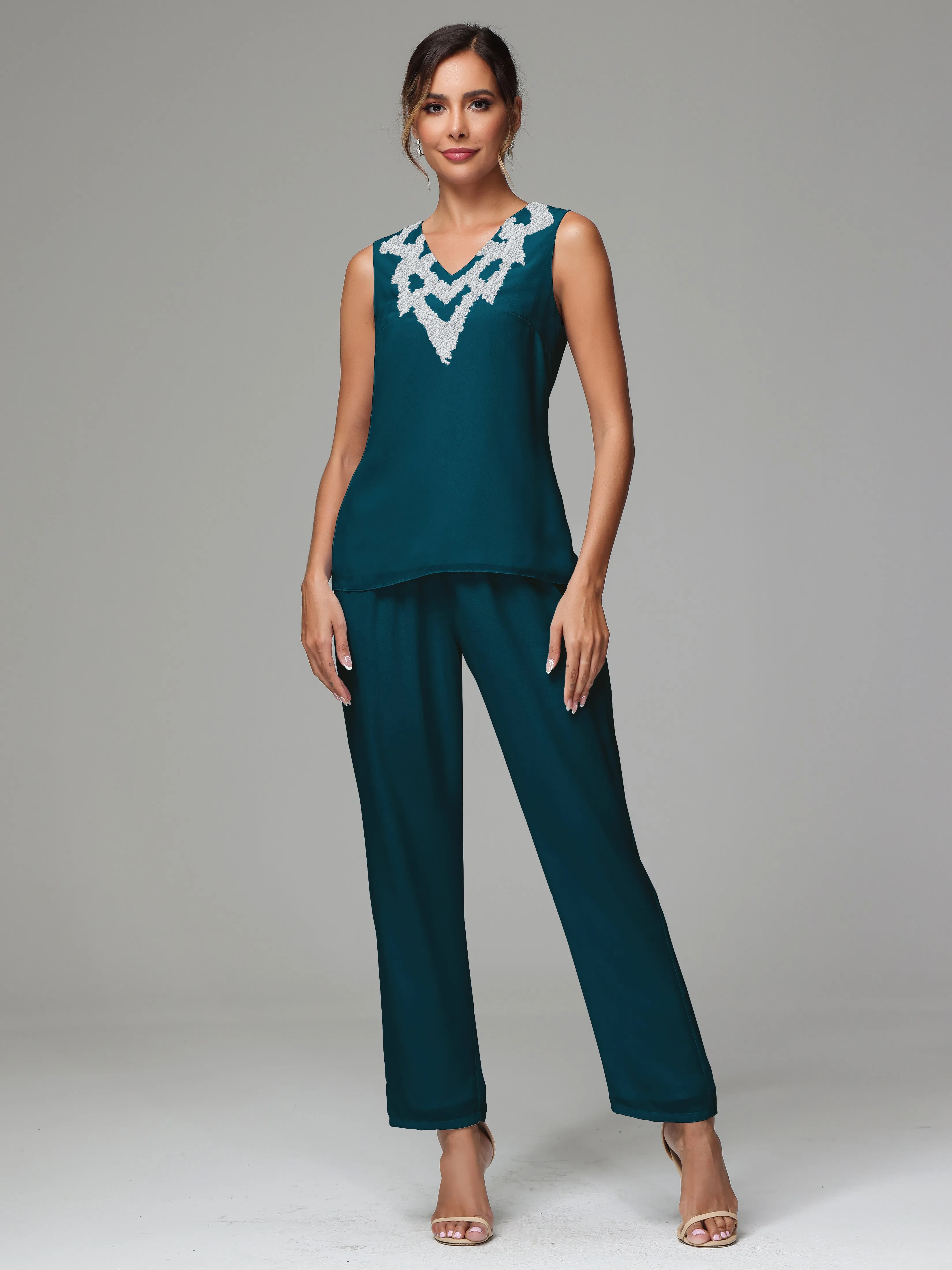 3 Pieces Long Sleeve Sequin Flutter Chiffon Mother of  Groom Dress Pant Suits