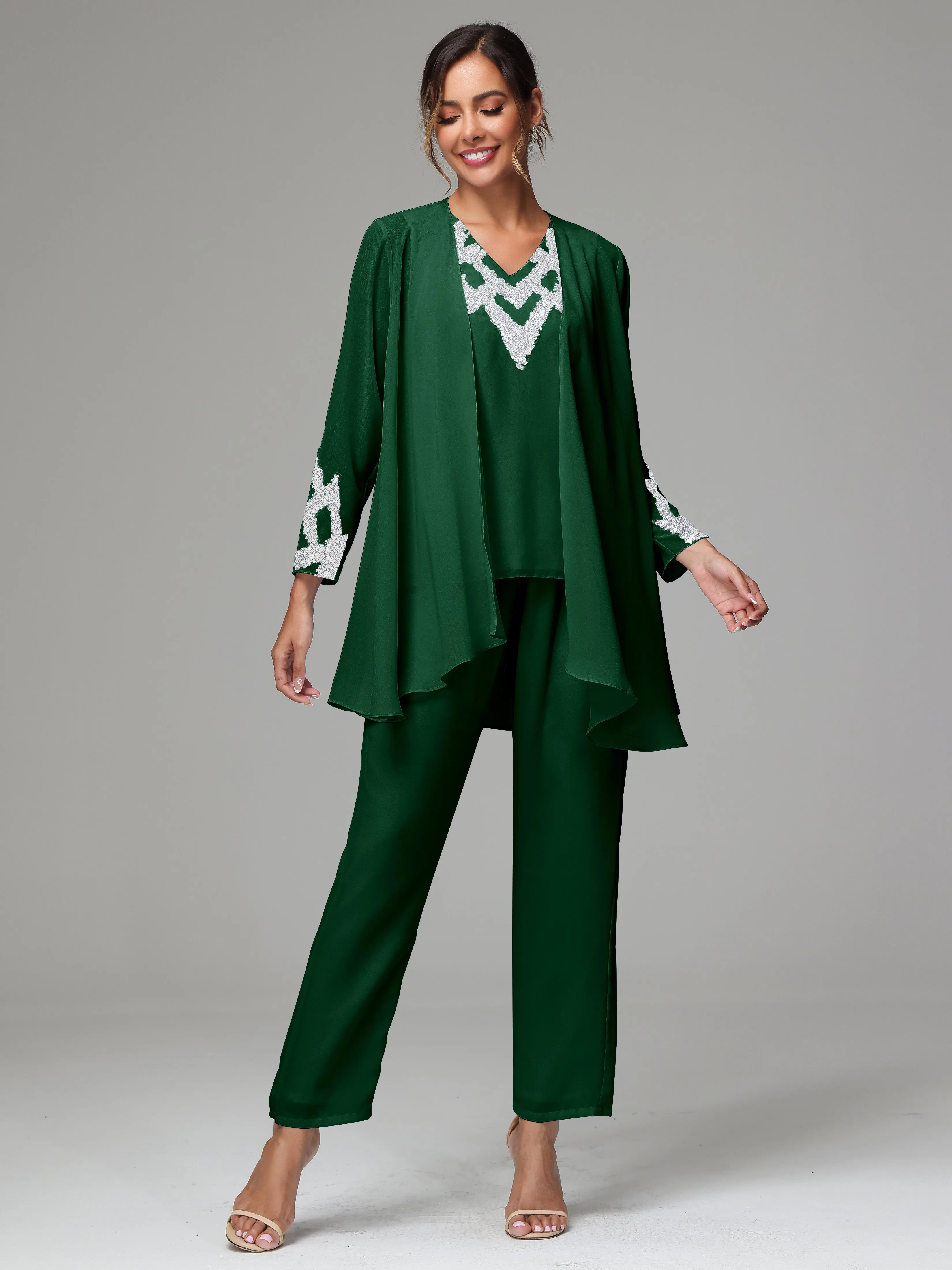 3 Pieces Long Sleeve Sequin Flutter Chiffon Mother of  Groom Dress Pant Suits