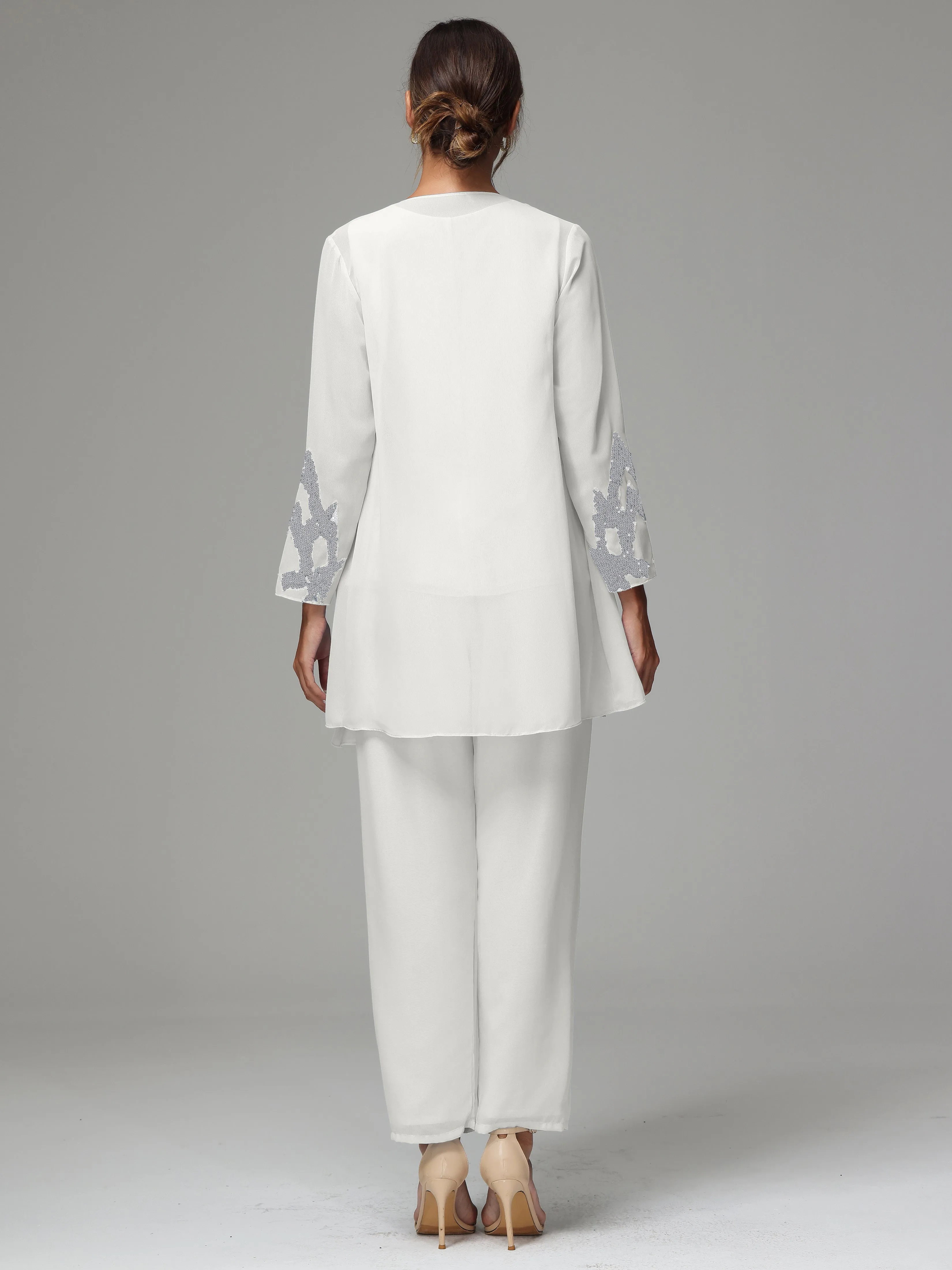 3 Pieces Long Sleeve Sequin Flutter Chiffon Mother of  Groom Dress Pant Suits