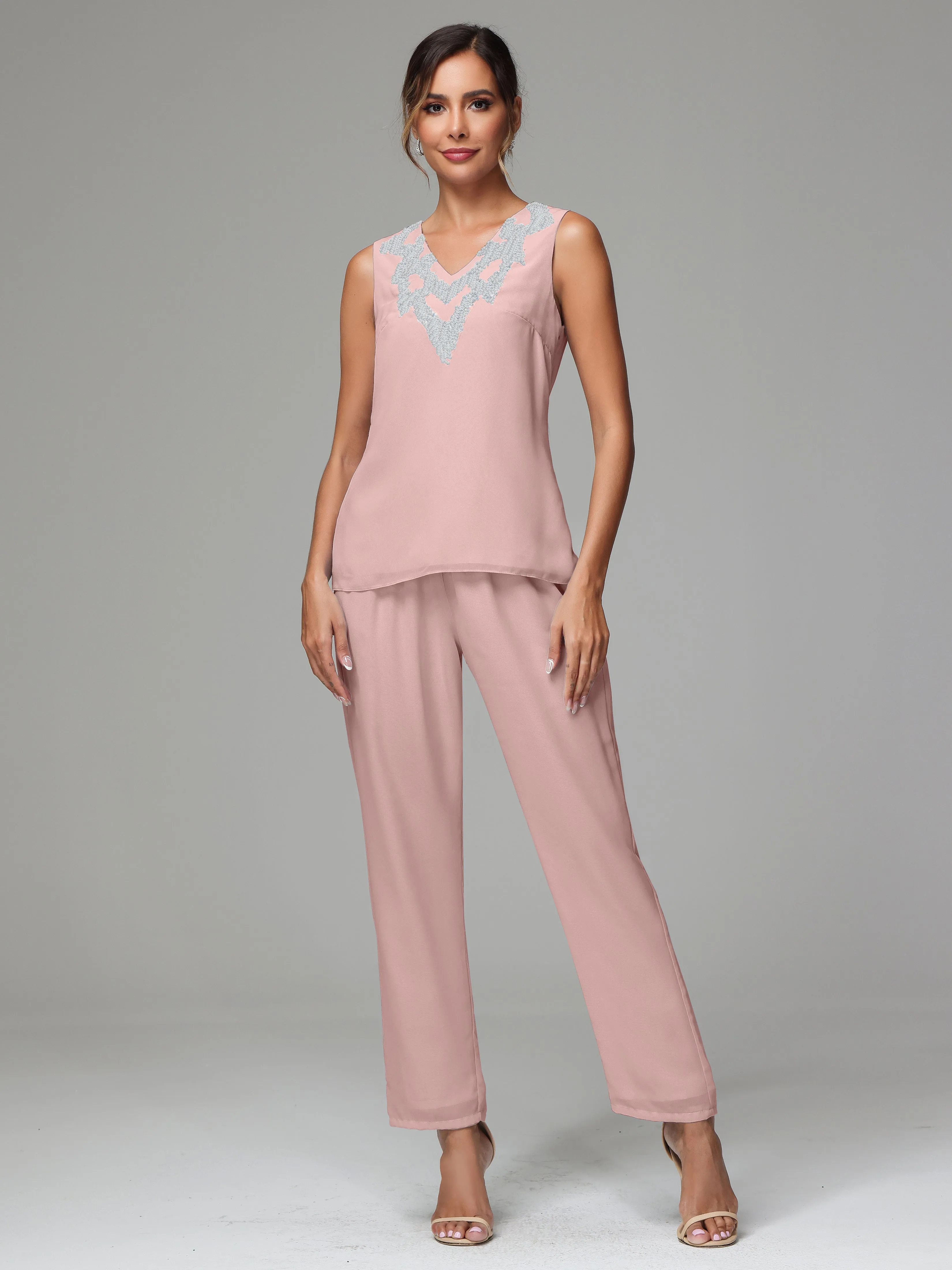 3 Pieces Long Sleeve Sequin Flutter Chiffon Mother of  Groom Dress Pant Suits
