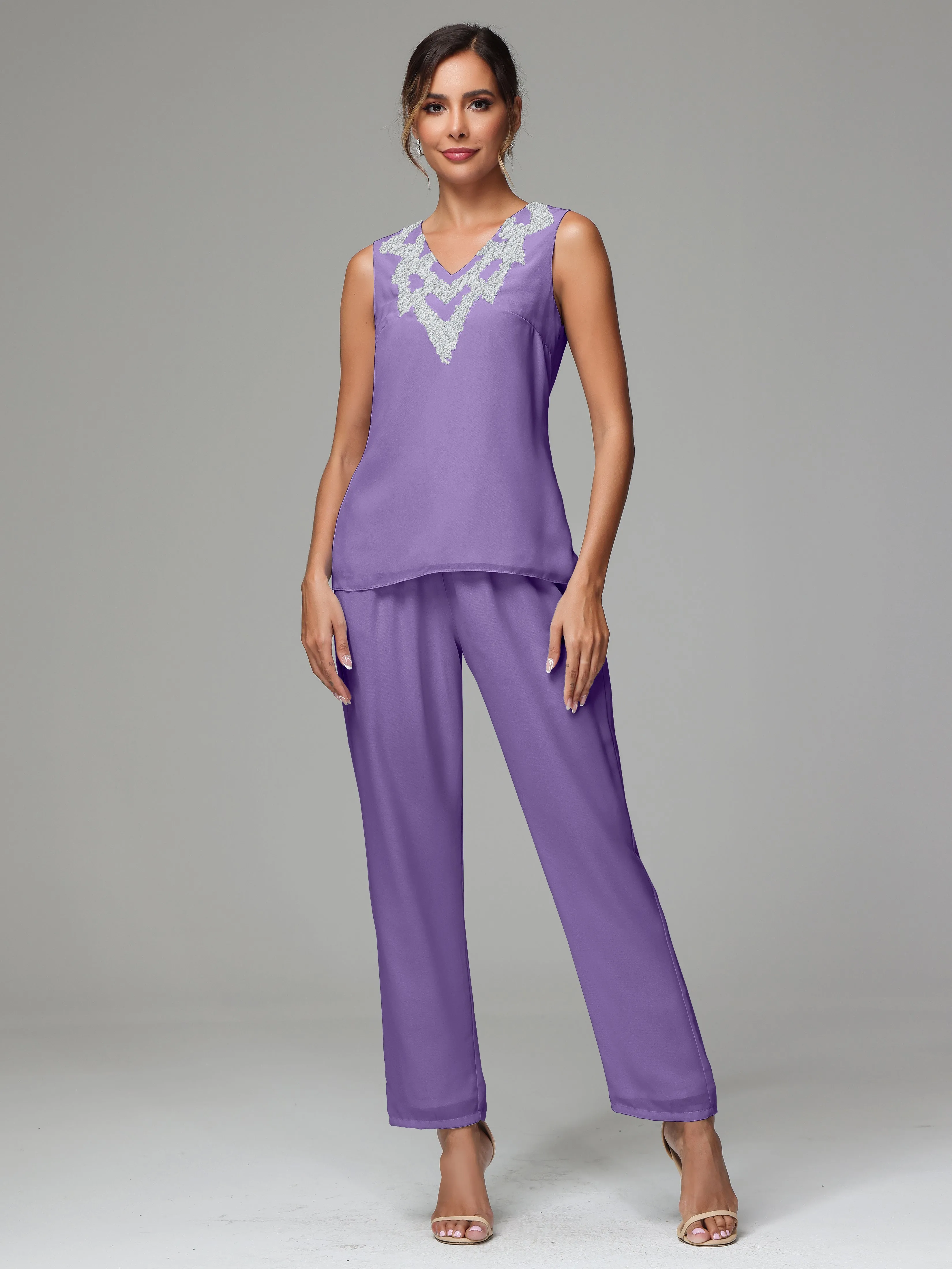 3 Pieces Long Sleeve Sequin Flutter Chiffon Mother of  Groom Dress Pant Suits