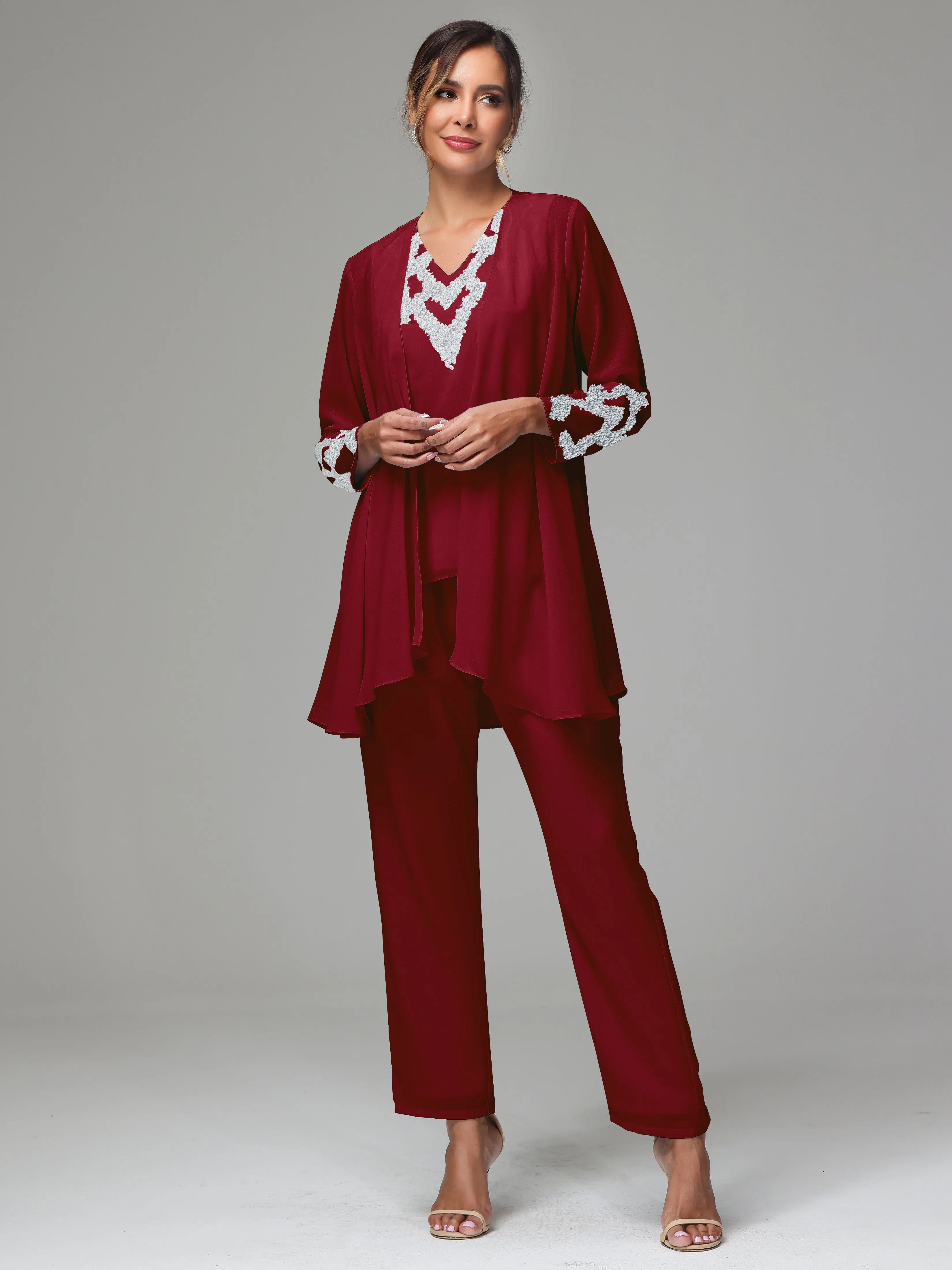 3 Pieces Long Sleeve Sequin Flutter Chiffon Mother of  Groom Dress Pant Suits