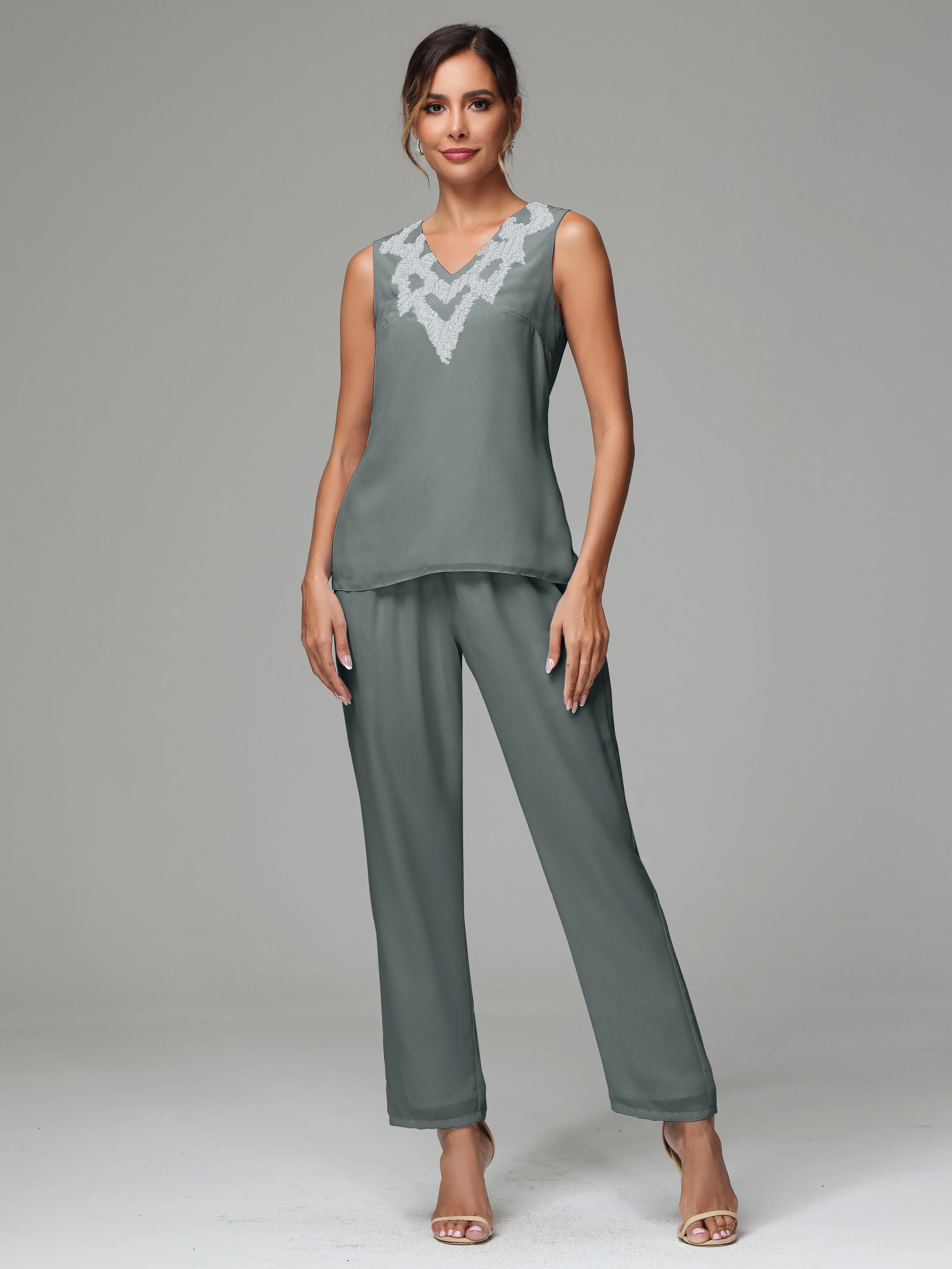 3 Pieces Long Sleeve Sequin Flutter Chiffon Mother of  Groom Dress Pant Suits