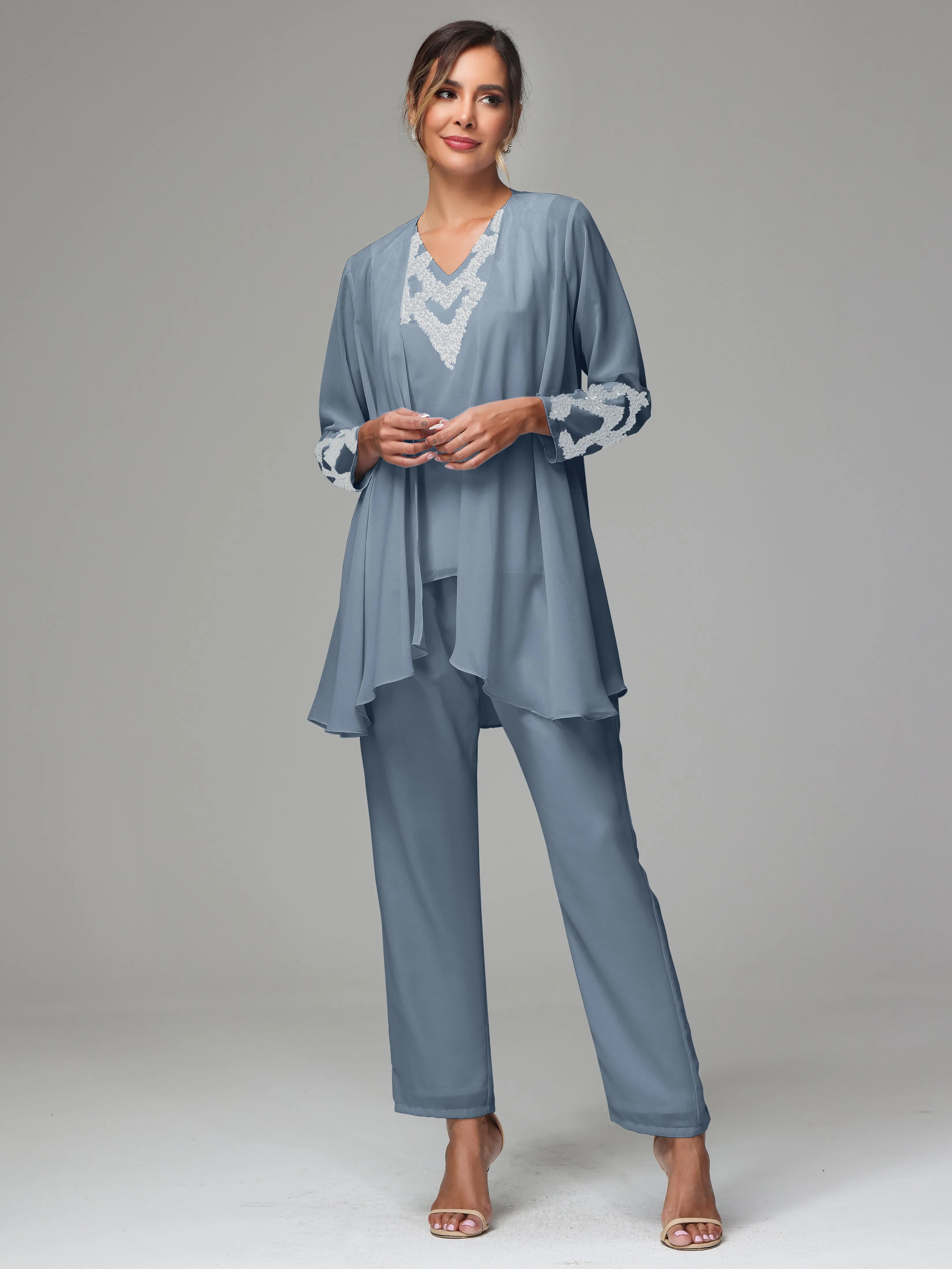 3 Pieces Long Sleeve Sequin Flutter Chiffon Mother of  Groom Dress Pant Suits