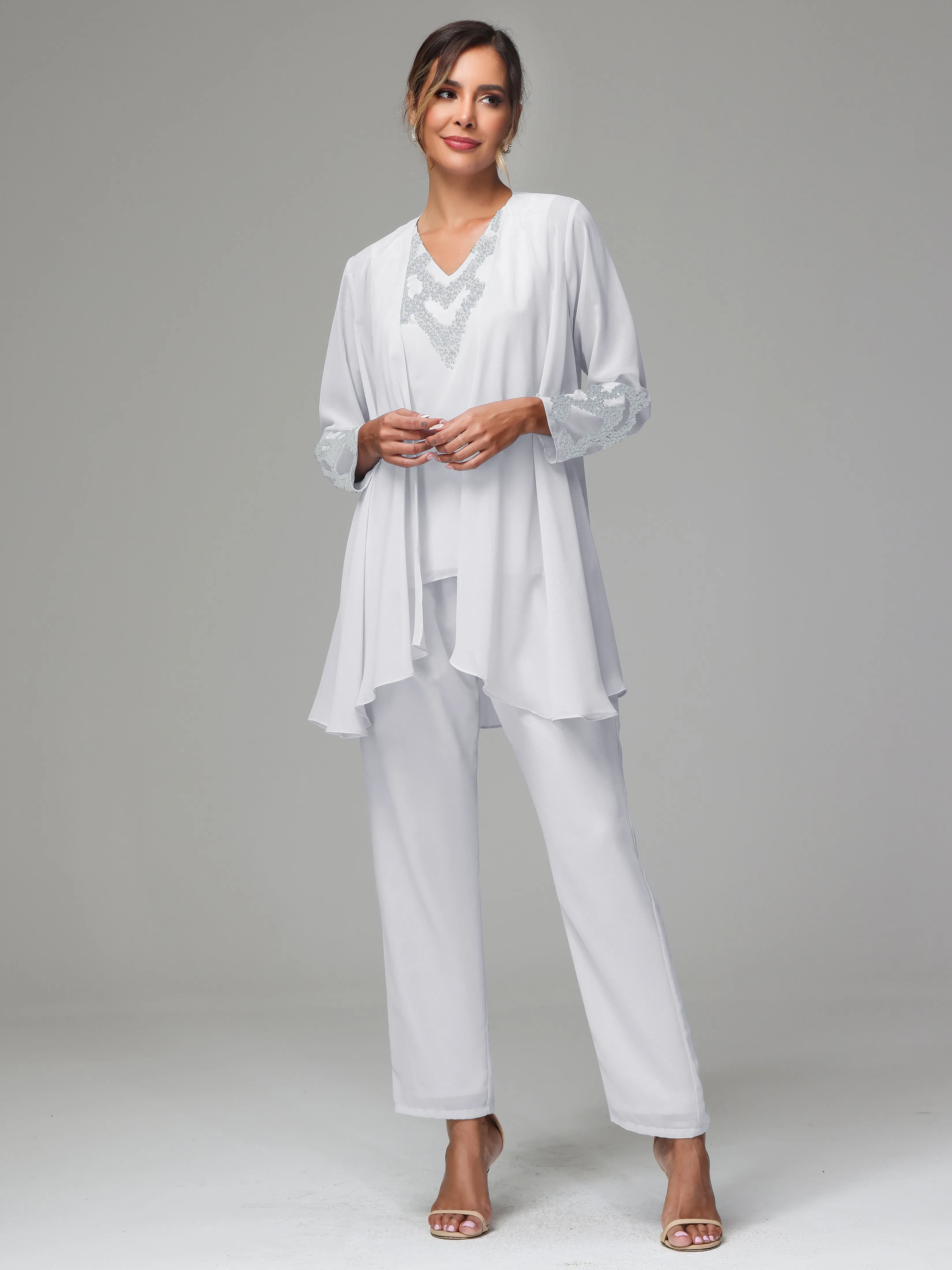 3 Pieces Long Sleeve Sequin Flutter Chiffon Mother of  Groom Dress Pant Suits
