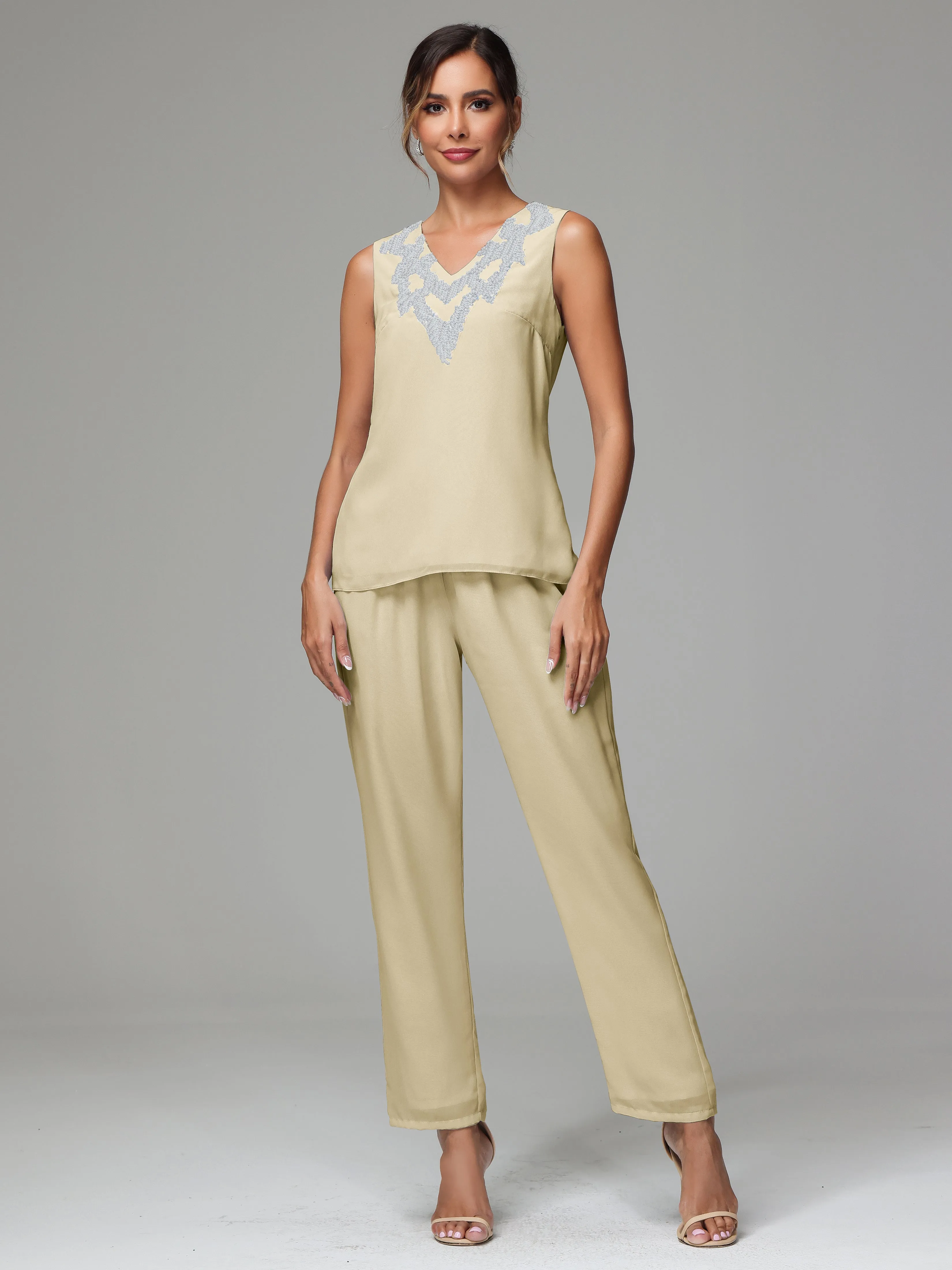 3 Pieces Long Sleeve Sequin Flutter Chiffon Mother of  Groom Dress Pant Suits