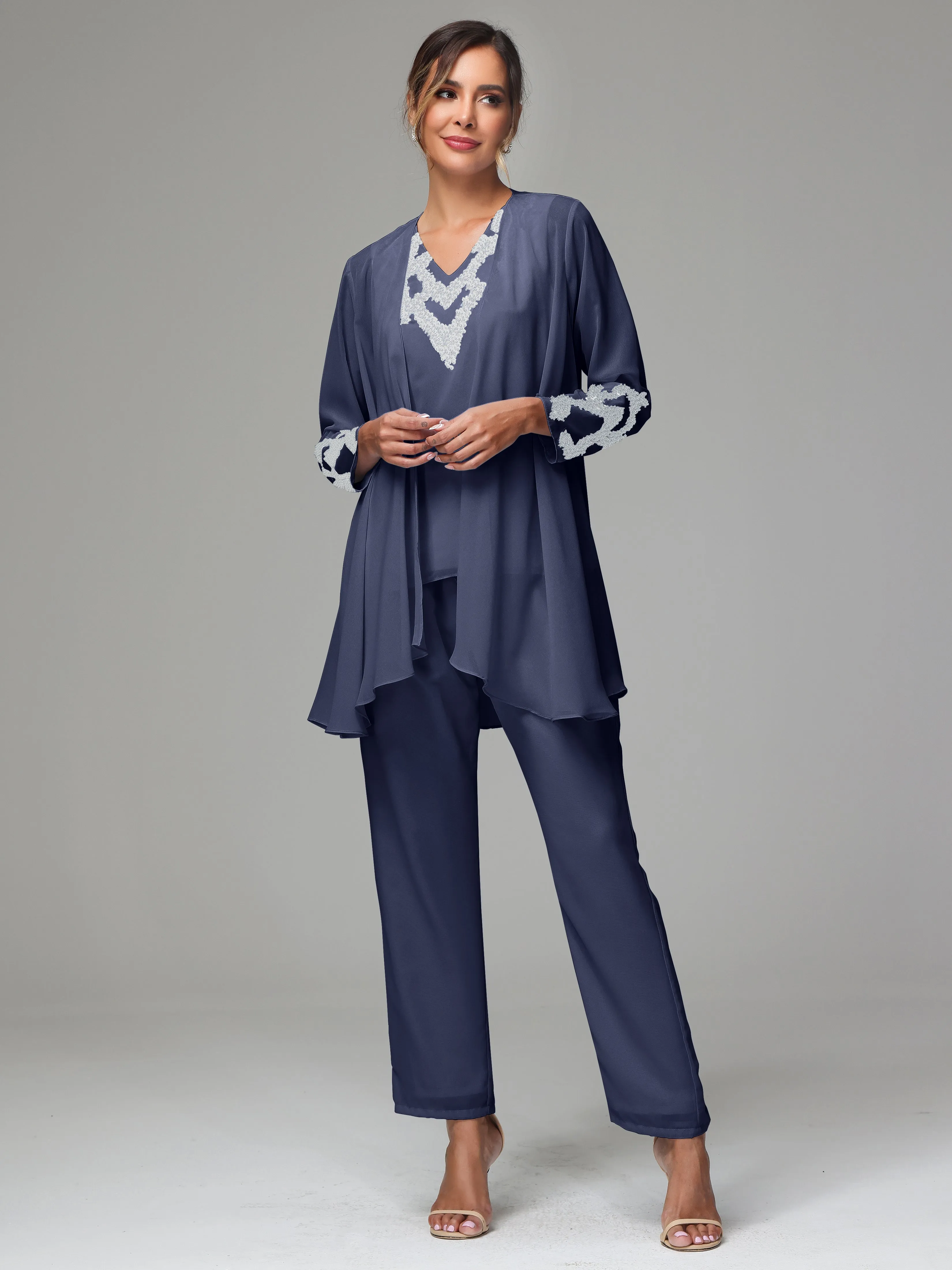 3 Pieces Long Sleeve Sequin Flutter Chiffon Mother of  Groom Dress Pant Suits