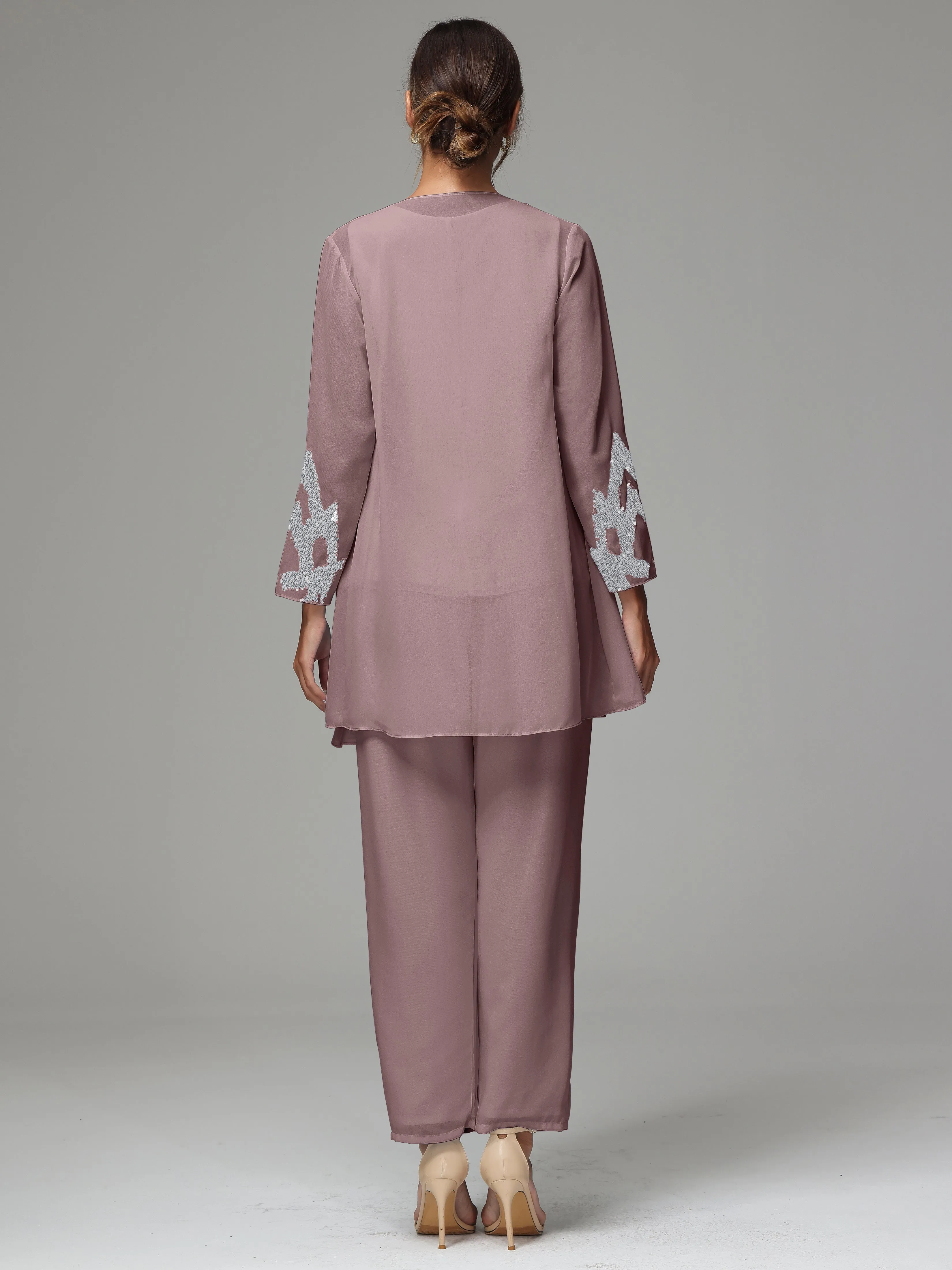 3 Pieces Long Sleeve Sequin Flutter Chiffon Mother of  Groom Dress Pant Suits
