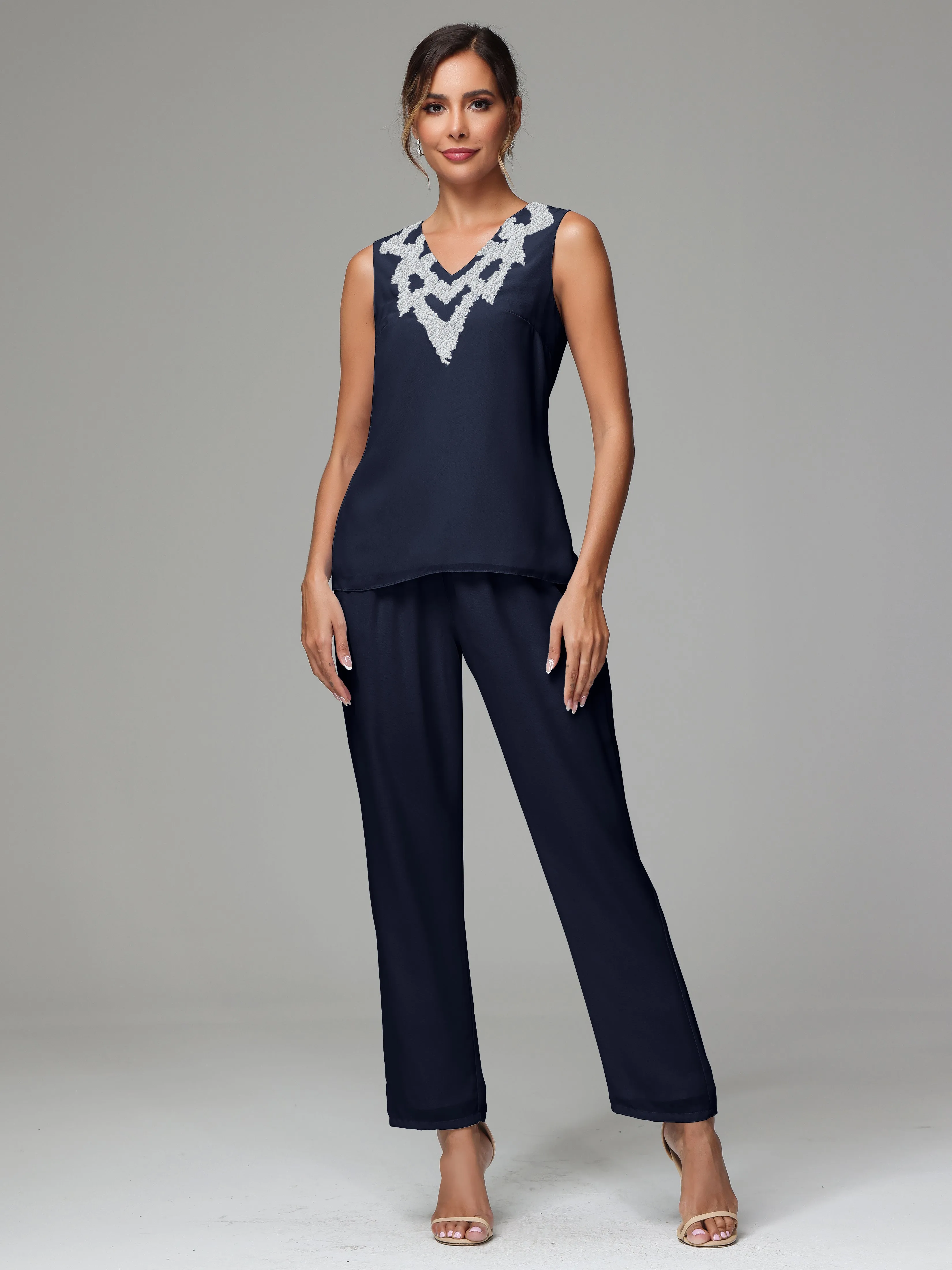 3 Pieces Long Sleeve Sequin Flutter Chiffon Mother of  Groom Dress Pant Suits