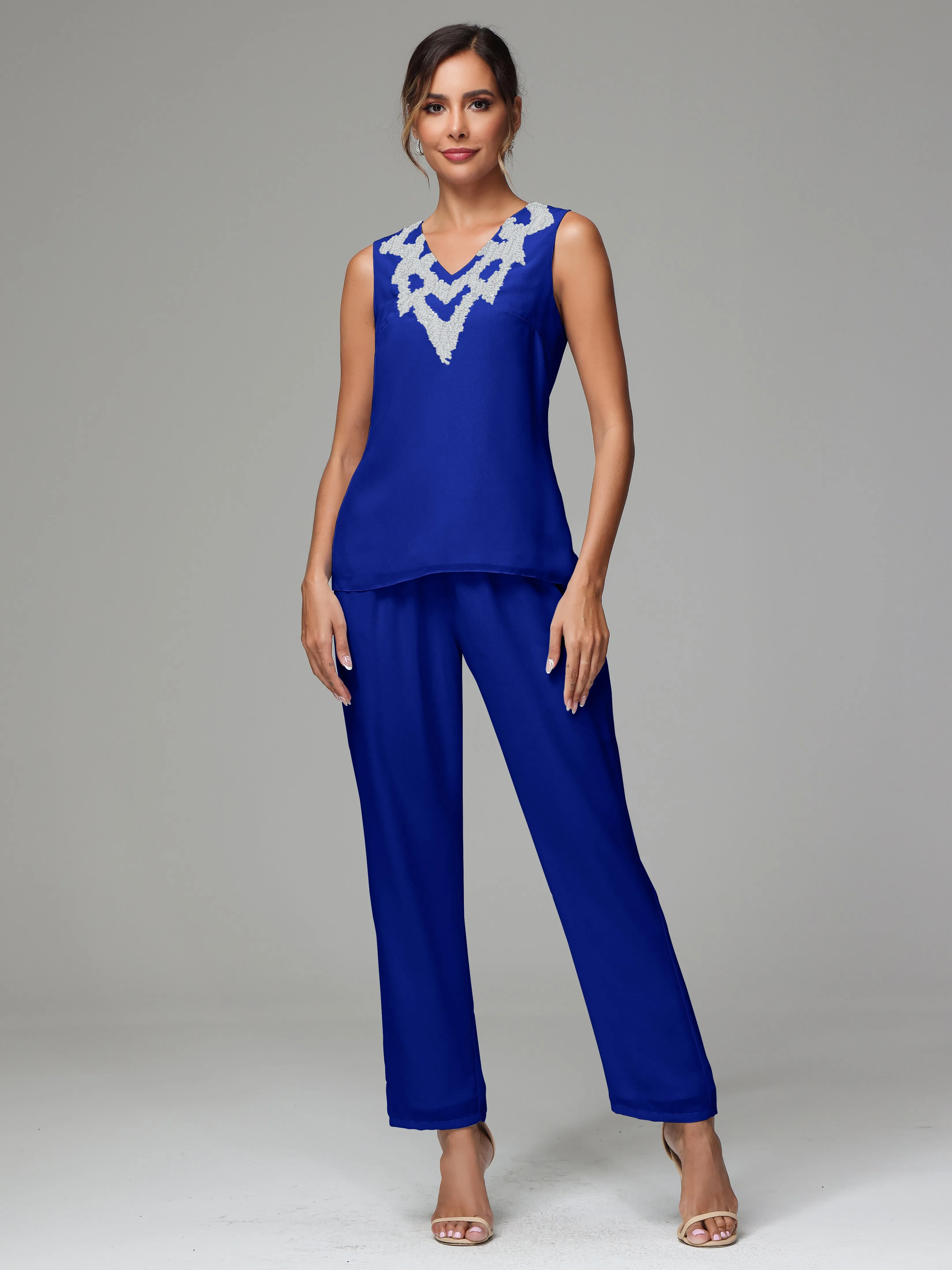3 Pieces Long Sleeve Sequin Flutter Chiffon Mother of  Groom Dress Pant Suits