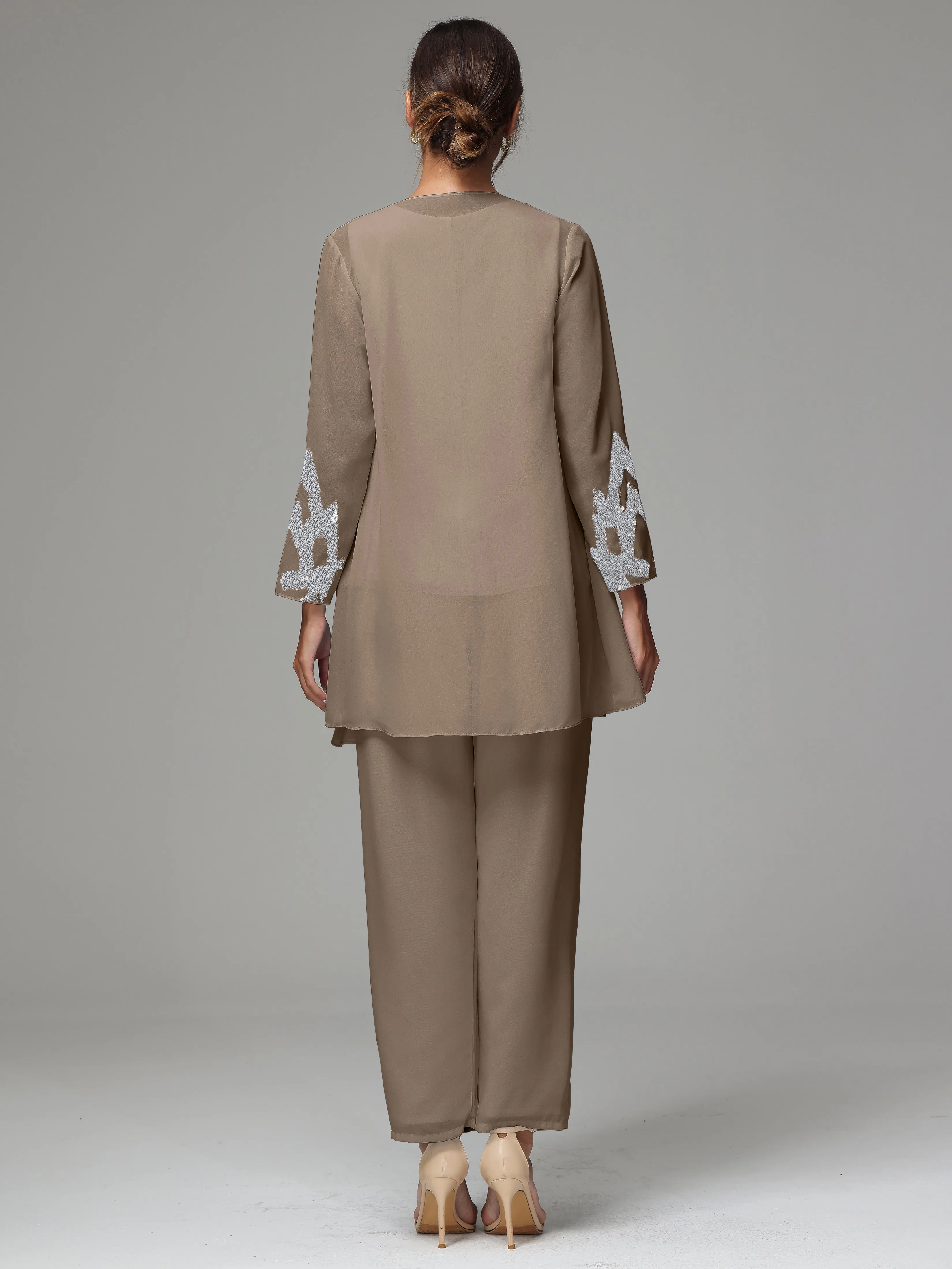 3 Pieces Long Sleeve Sequin Flutter Chiffon Mother of  Groom Dress Pant Suits