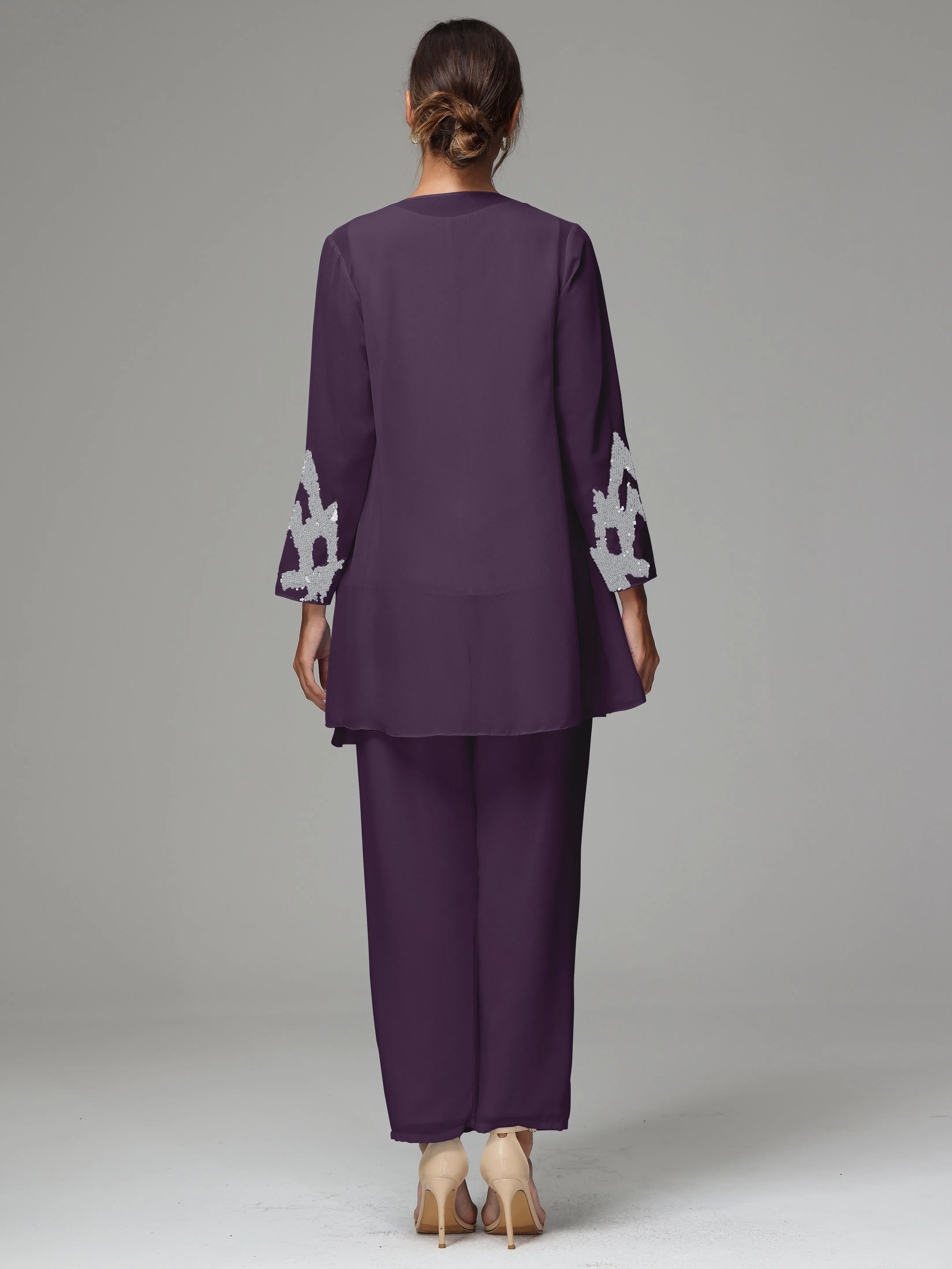 3 Pieces Long Sleeve Sequin Flutter Chiffon Mother of  Groom Dress Pant Suits