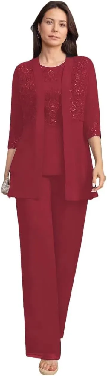 3 Pieces Mother of The Bride Pant Suits for Wedding Chiffon Dressy Pantsuits for Women Evening Party with Jacket