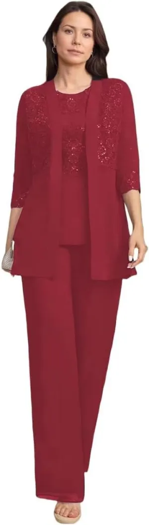 3 Pieces Mother of The Bride Pant Suits for Wedding Chiffon Dressy Pantsuits for Women Evening Party with Jacket