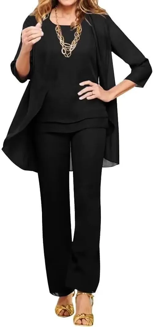 3 Pieces Mother of The Bride Pant Suits for Wedding Chiffon Foraml Outfit Set for Formal Dresses Women Groom Dress