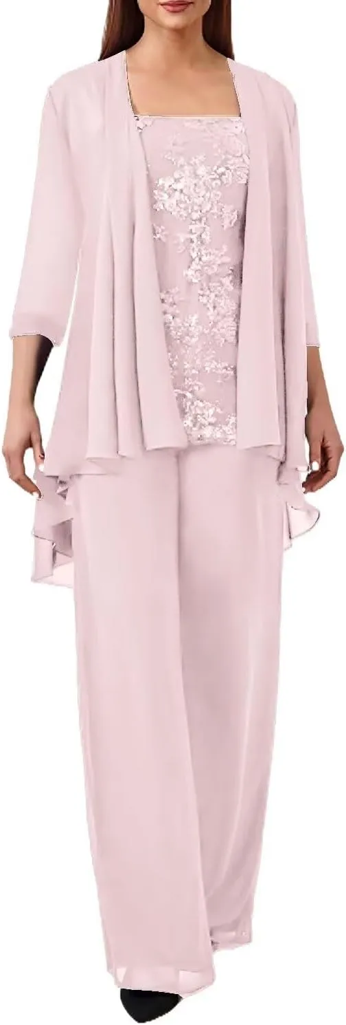 3 Pieces Mother of The Bride Pant Suits for Wedding Chiffon Formal Pantsuits for Women Evening Party with Jacket