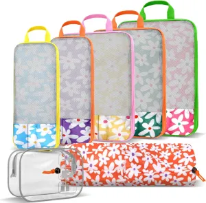 7 Piece Daisy Flower Compression Packing Cube Bundle - Slim Design Travel Organizers with Transparent Toiletry Bag - Multi-Size Luggage Organizer Essentials