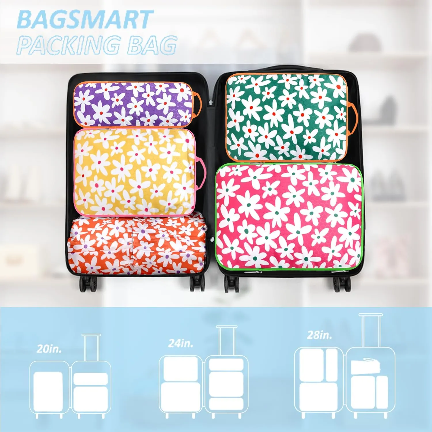 7 Piece Daisy Flower Compression Packing Cube Bundle - Slim Design Travel Organizers with Transparent Toiletry Bag - Multi-Size Luggage Organizer Essentials