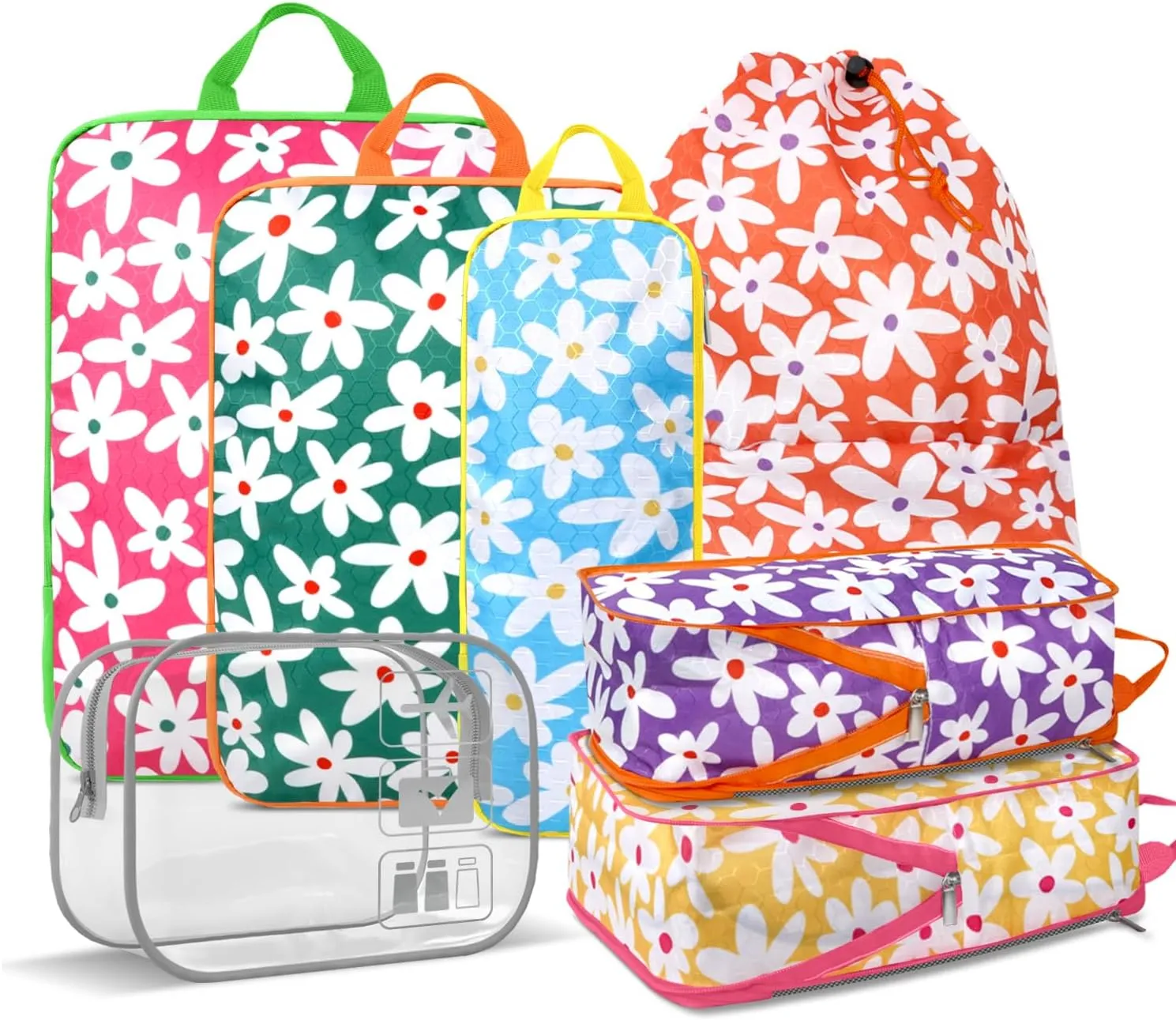 7 Piece Daisy Flower Compression Packing Cube Bundle - Slim Design Travel Organizers with Transparent Toiletry Bag - Multi-Size Luggage Organizer Essentials