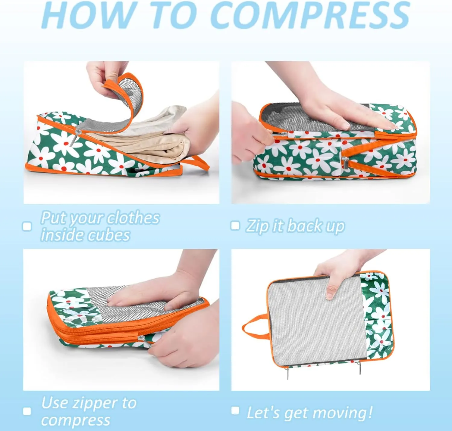 7 Piece Daisy Flower Compression Packing Cube Bundle - Slim Design Travel Organizers with Transparent Toiletry Bag - Multi-Size Luggage Organizer Essentials