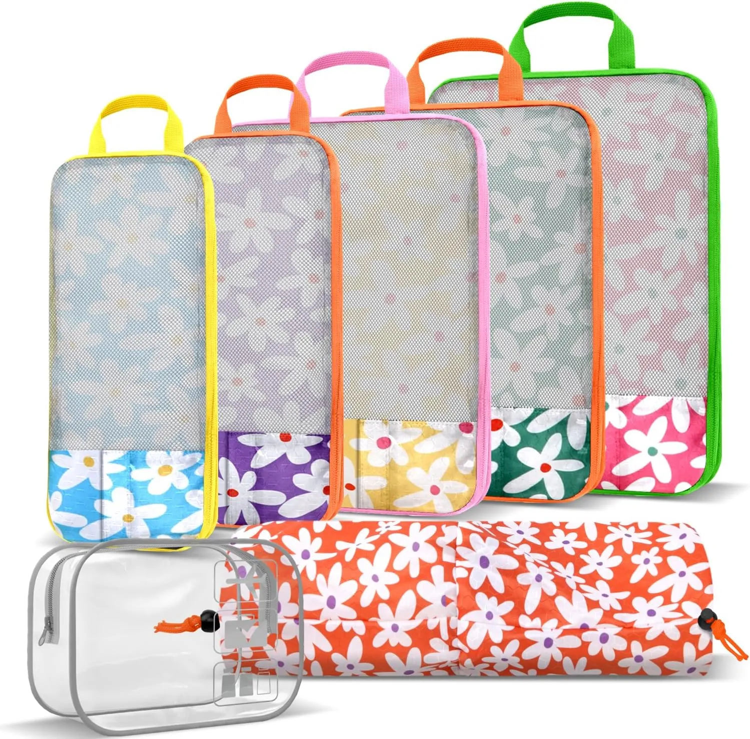 7 Piece Daisy Flower Compression Packing Cube Bundle - Slim Design Travel Organizers with Transparent Toiletry Bag - Multi-Size Luggage Organizer Essentials