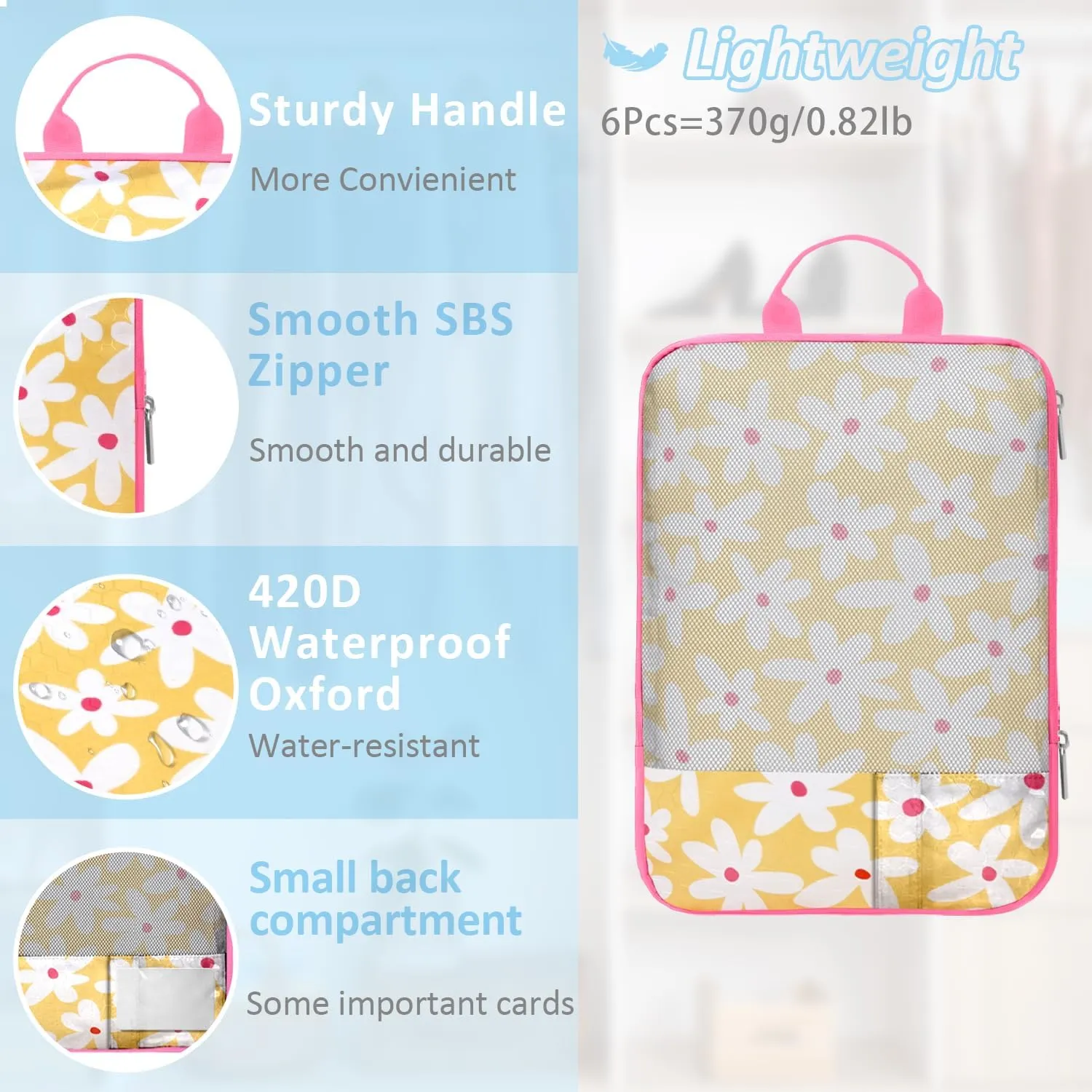 7 Piece Daisy Flower Compression Packing Cube Bundle - Slim Design Travel Organizers with Transparent Toiletry Bag - Multi-Size Luggage Organizer Essentials