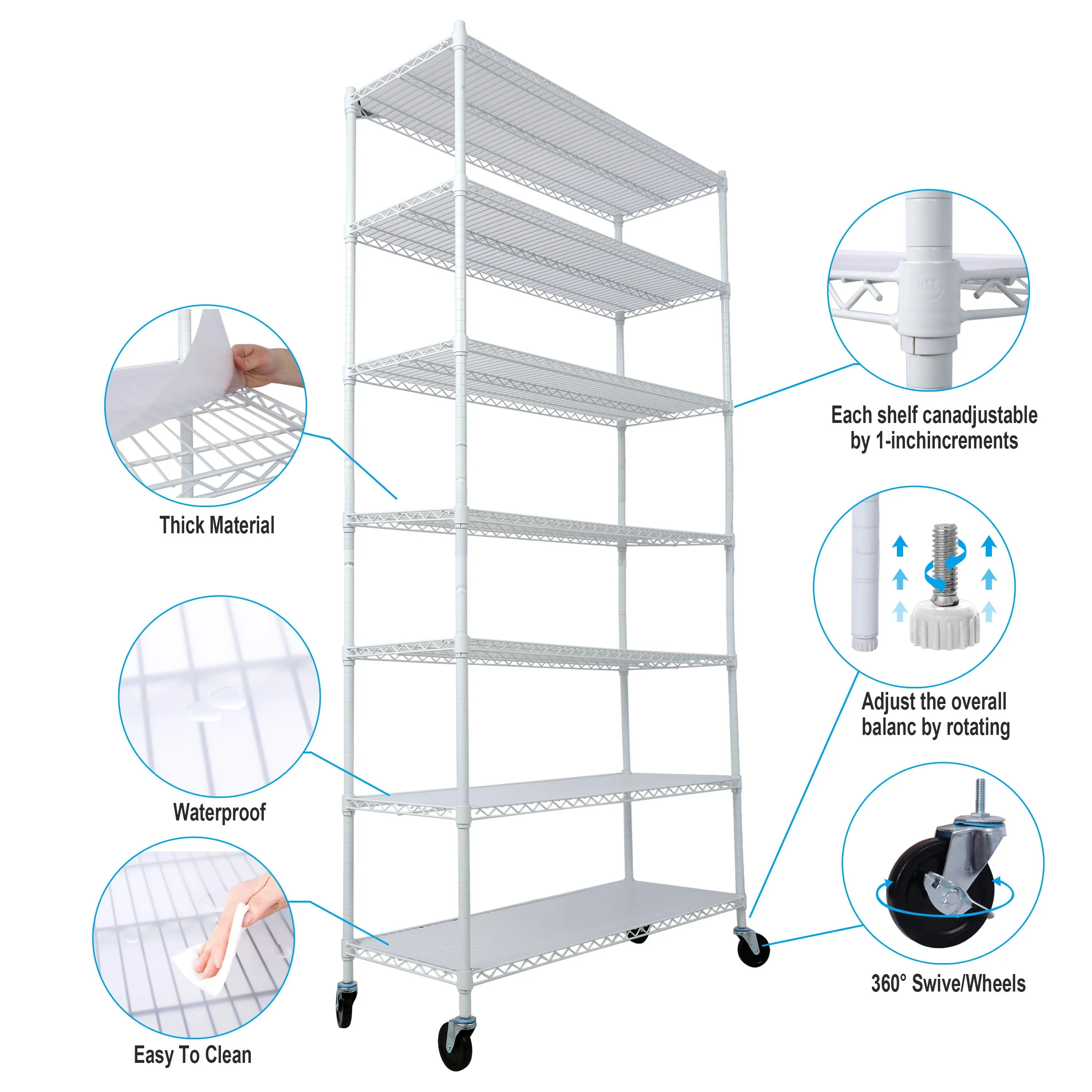 7 Tier Metal Shelf Wire Shelving Unit, 2450Lbs Heavy Duty Adjustable Storage Rack With Wheels & Shelf Liners For Closet Kitchen Garage Basement Commercial Shelving by Couch.com