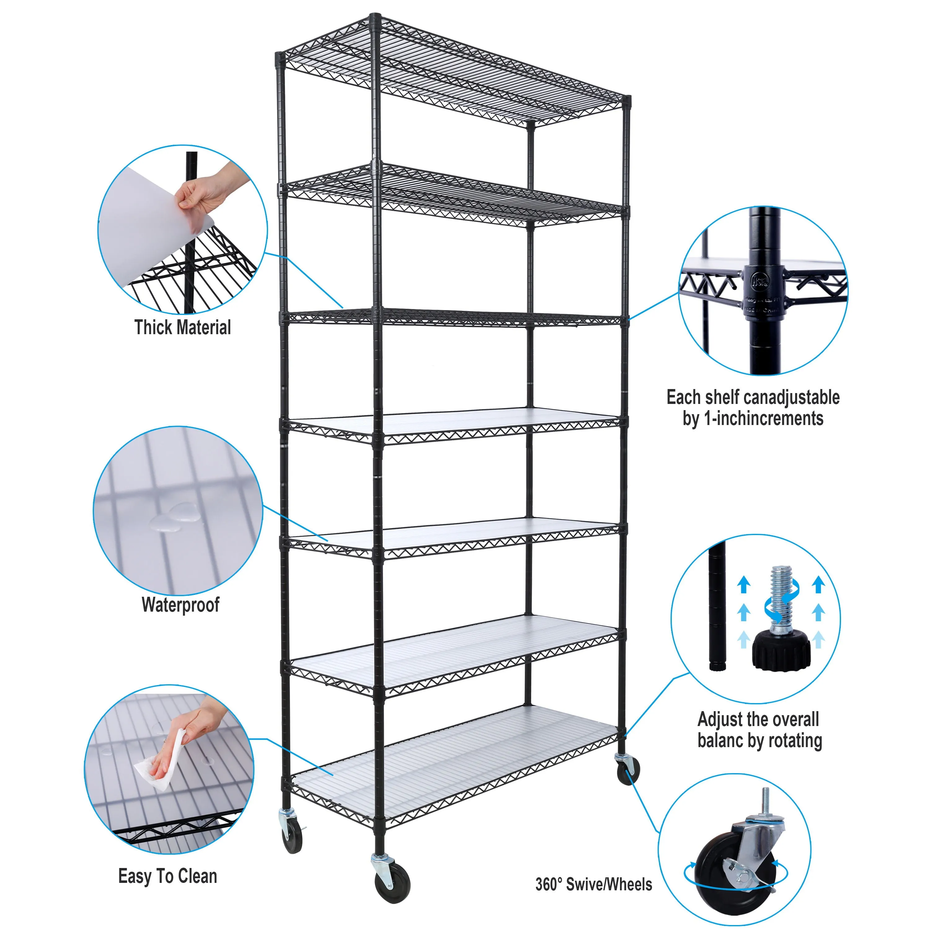 7 Tier Metal Shelf Wire Shelving Unit, 2450Lbs Heavy Duty Adjustable Storage Rack With Wheels & Shelf Liners For Closet Kitchen Garage Basement Commercial Shelving by Couch.com