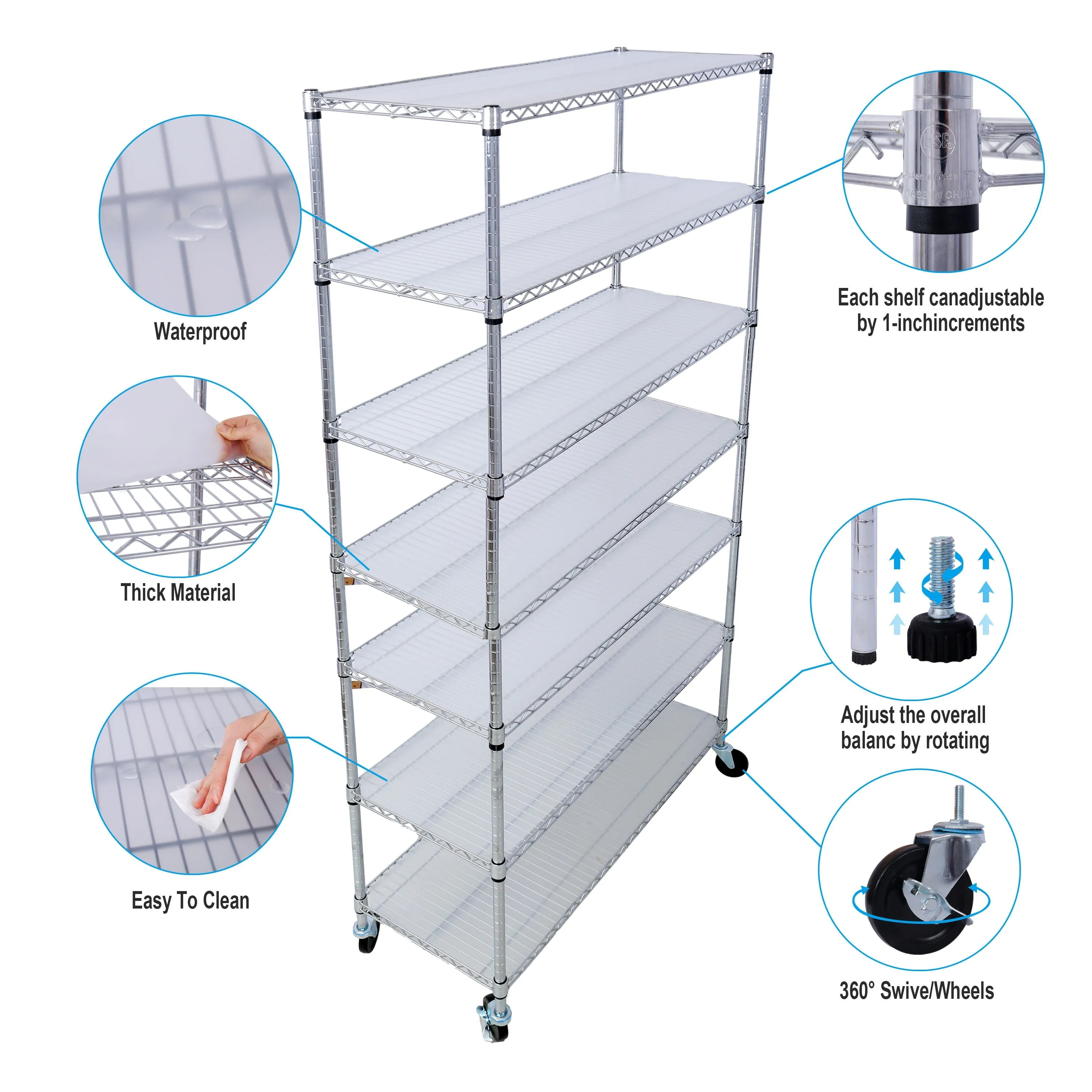 7 Tier Metal Shelf Wire Shelving Unit, 2450Lbs Heavy Duty Adjustable Storage Rack With Wheels & Shelf Liners For Closet Kitchen Garage Basement Commercial Shelving by Couch.com