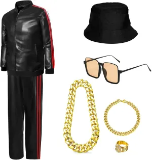 80s Costumes for Men, 90s Leather Tracksuit Clothing Old School Ring Necklace Sunglass Rapper Hat Hip Hop Outfit