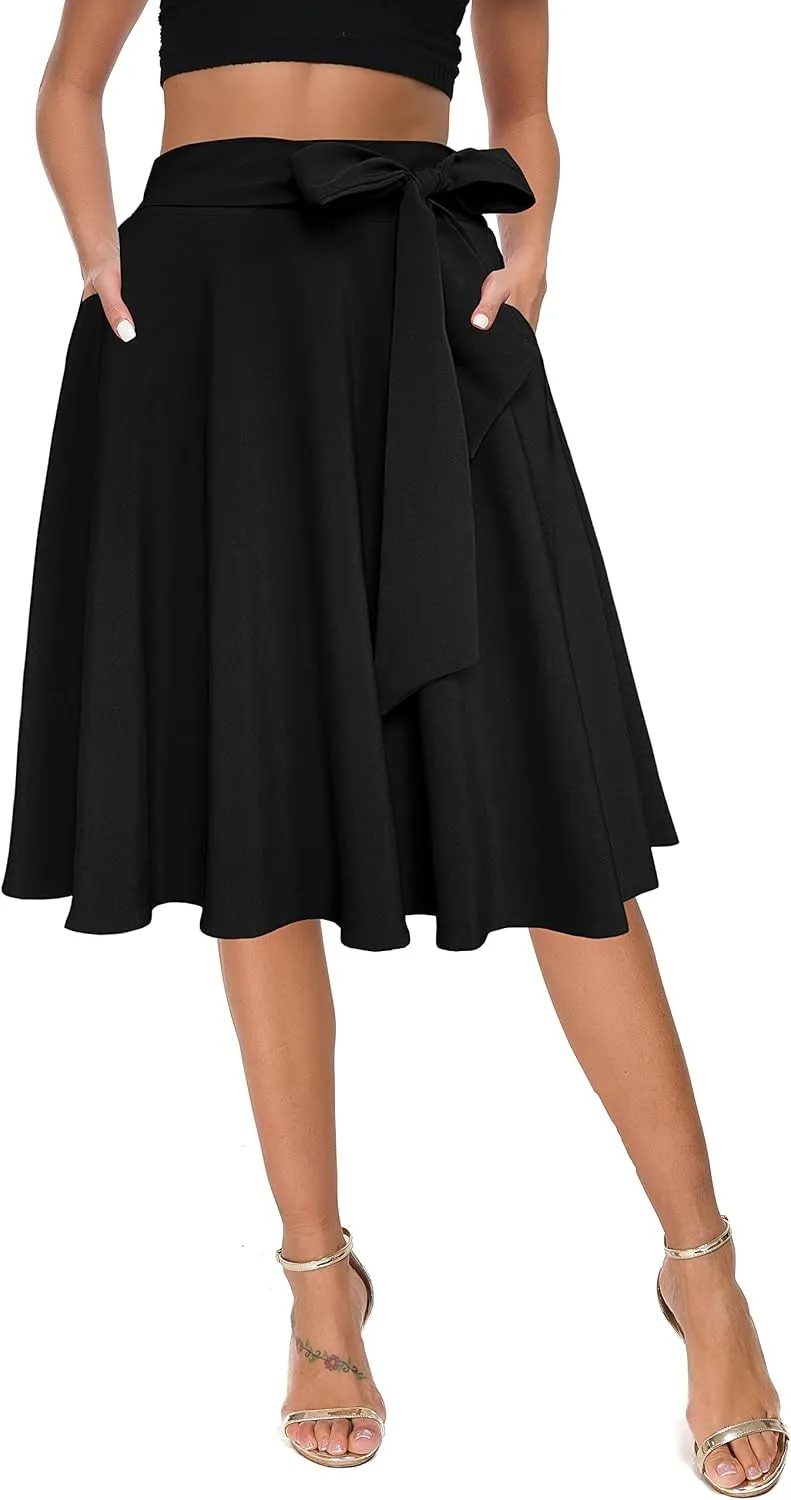 Afibi Womens Vintage High Waist A-Line Skater Skirt Flared Midi Skirt with Pockets