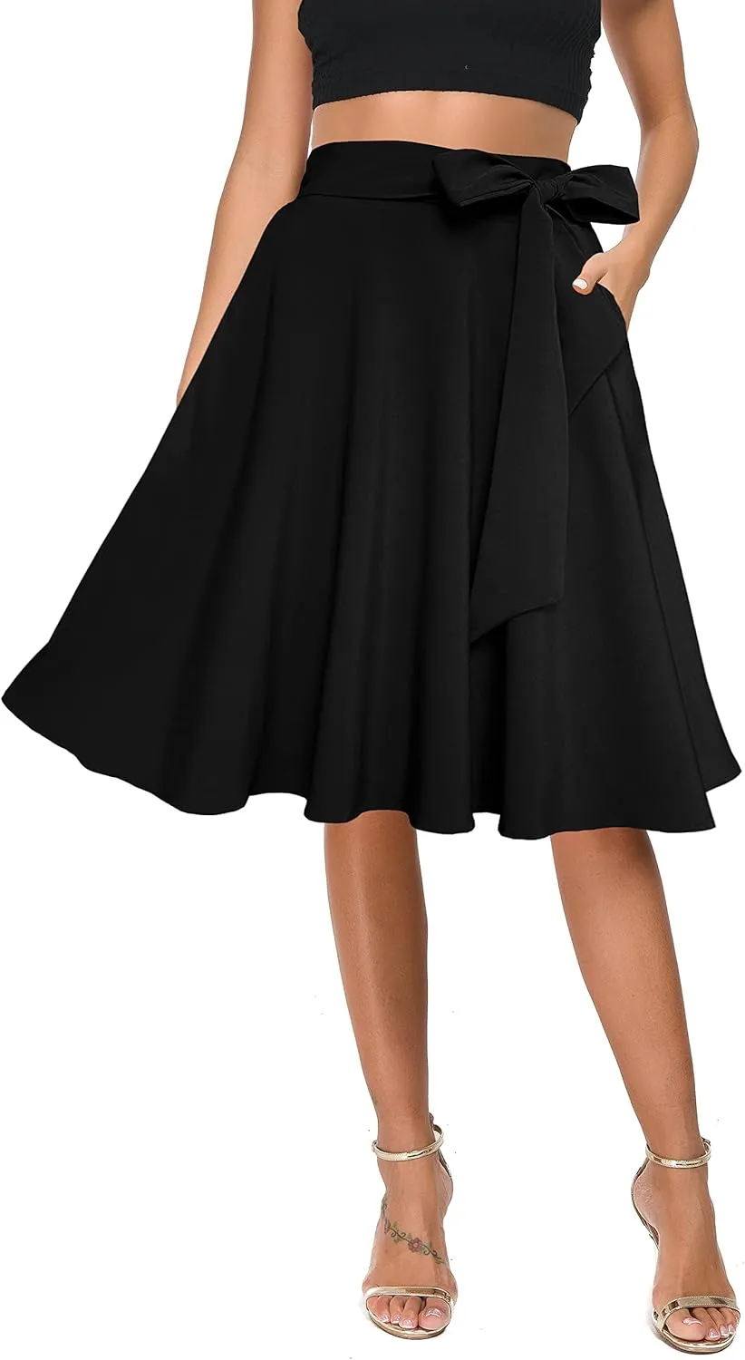 Afibi Womens Vintage High Waist A-Line Skater Skirt Flared Midi Skirt with Pockets